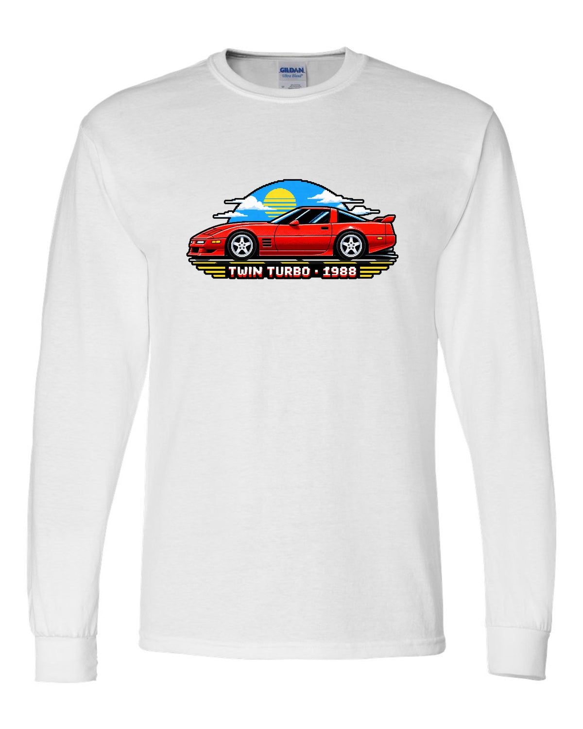 16-bit pixel art of a 1988 C4-based twin-turbo Corvette with pop-up headlights white long sleeve front view with the design