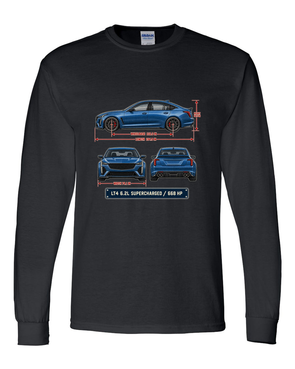 Dimension blueprint print of a Cadillac CT5-V Blackwing sedan black long sleeve front view with the design