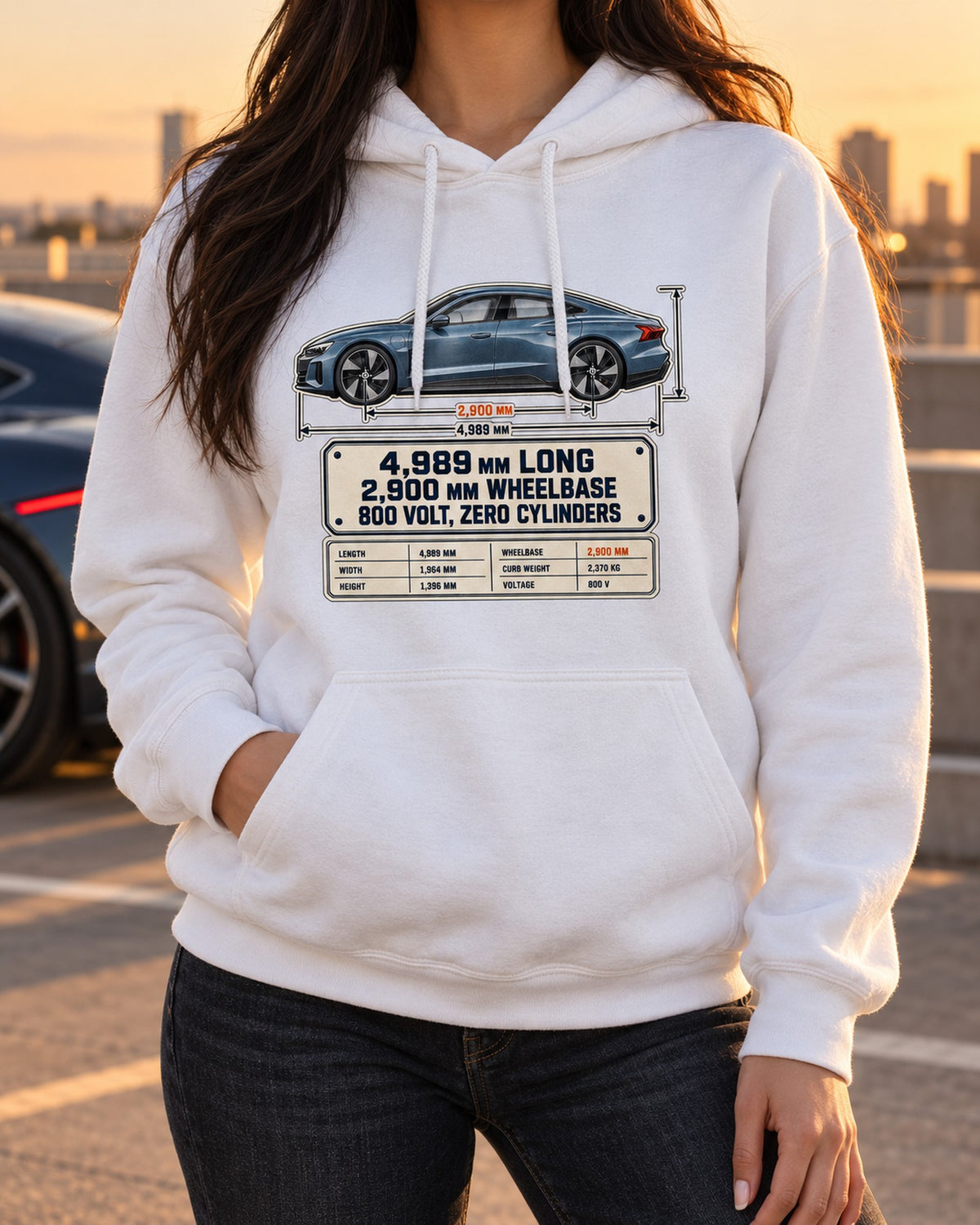 Audi RS e-tron GT J1 Dimension Blueprint Shirt, EV Car Guy Tee Pull Over Hoodie White worn hero
