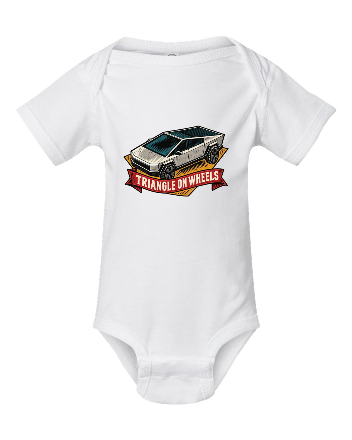 Bold linocut woodblock print of a 2023 Tesla Cybertruck with the words Triangle on Wheels white baby onesie front view with the design