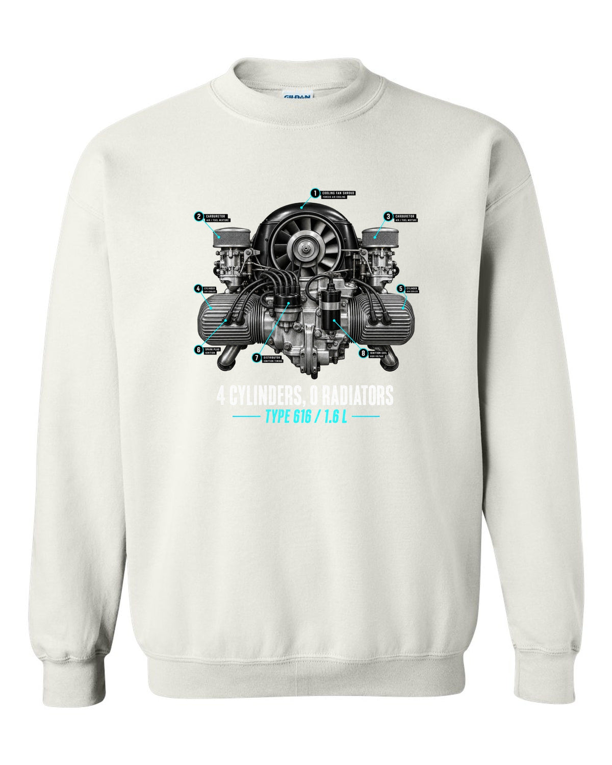 Engine hero print of the Porsche 356 Type 616 1.6 L flat-four with the caption 4 cylinders 0 radiators white crewneck front view with the design