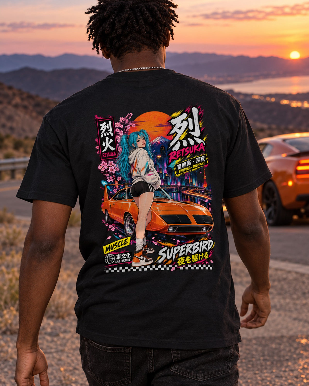 RETSUKA SUPERBIRD Anime Girl Full-Back Graphic Tee T-Shirt Black worn hero