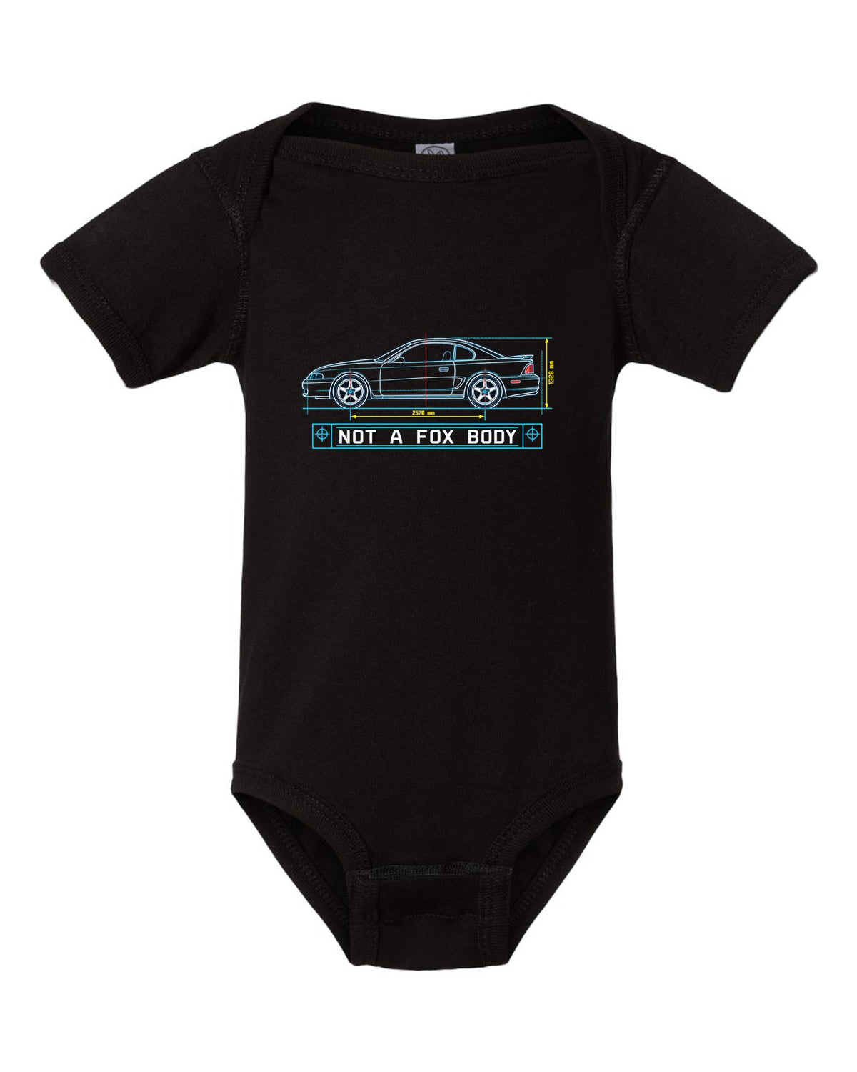 1994-98 SN95 Mustang Coupe Blueprint black baby onesie front view with the design