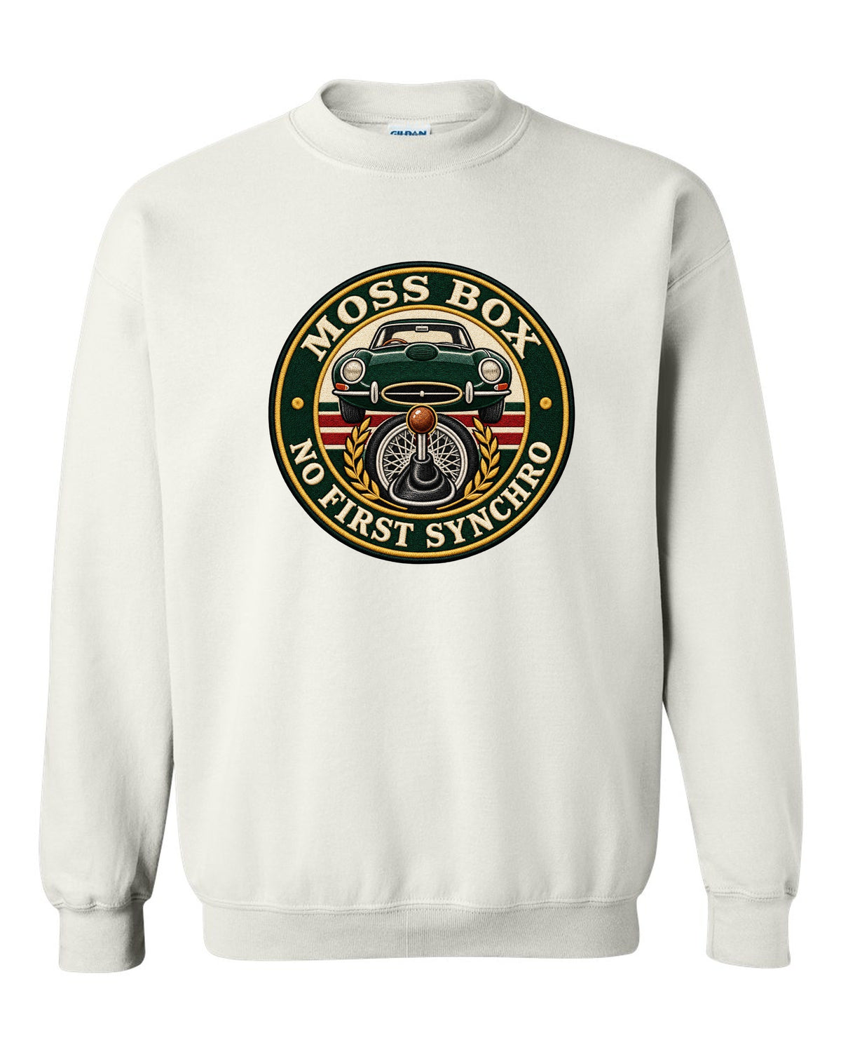 Varsity embroidery-style print for the 1961 Jaguar E-Type Series 1 with Moss box lettering white crewneck front view with the design