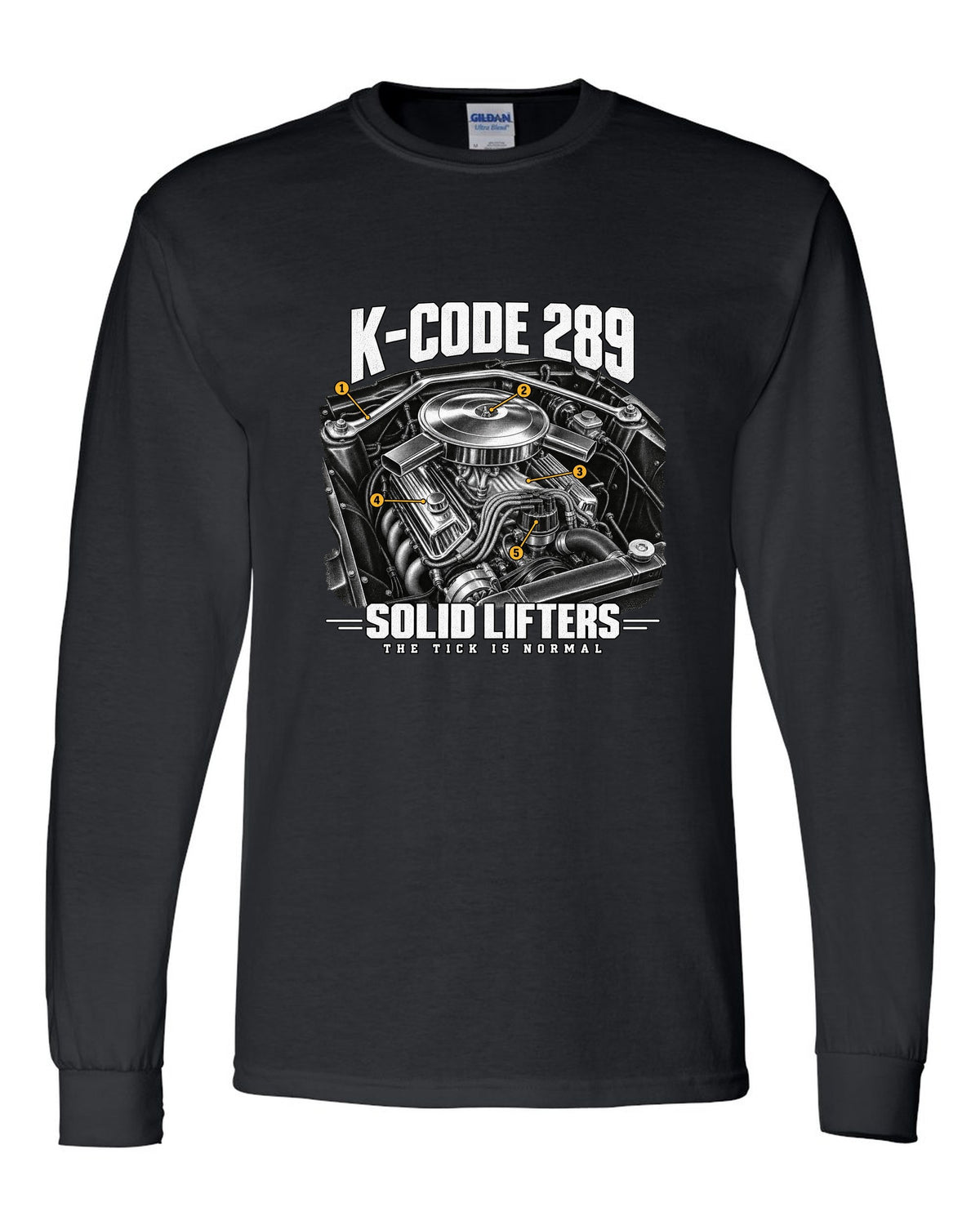 Engine illustration of a 1965 Ford Mustang K-code 289 V8 with solid lifter callouts black long sleeve front view with the design