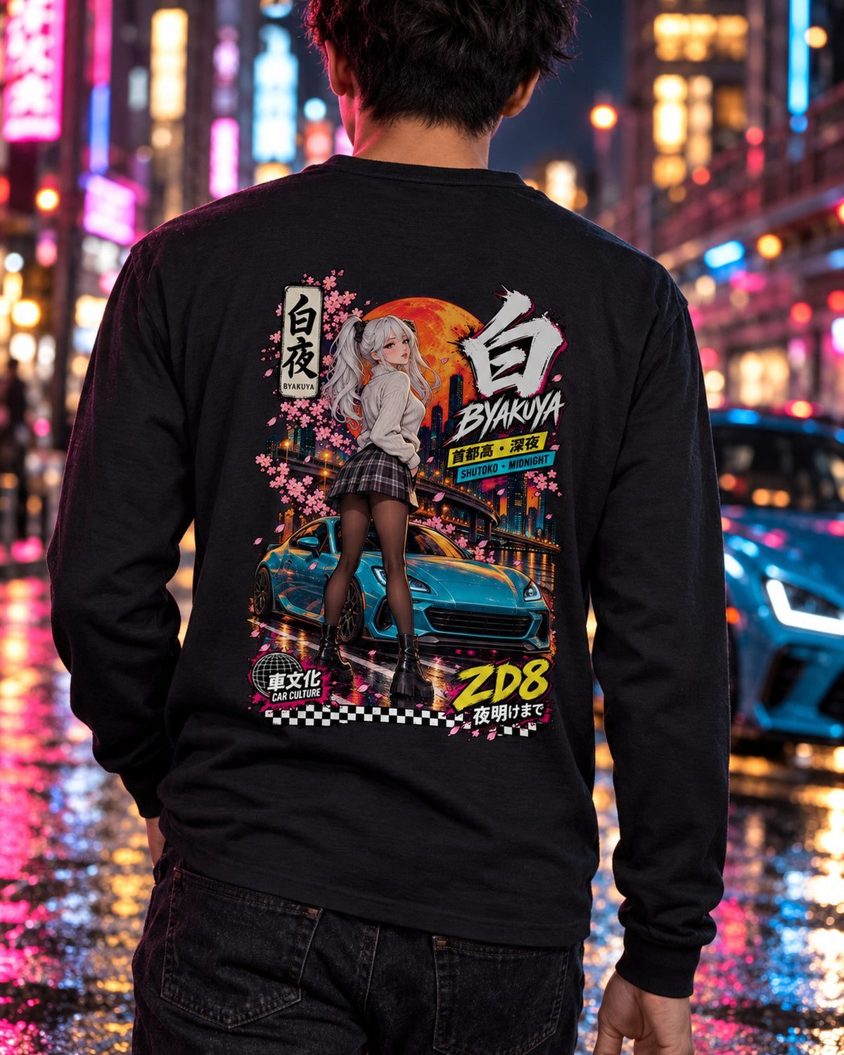 BYAKUYA ZD8 Anime Girl Full-Back Graphic Tee Long Sleeve Black worn hero