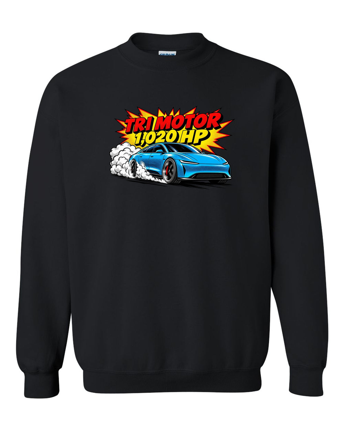 Comic halftone pop-art of a 2021 Tesla Model S Plaid with the words Tri Motor 1,020 HP black crewneck front view with the design