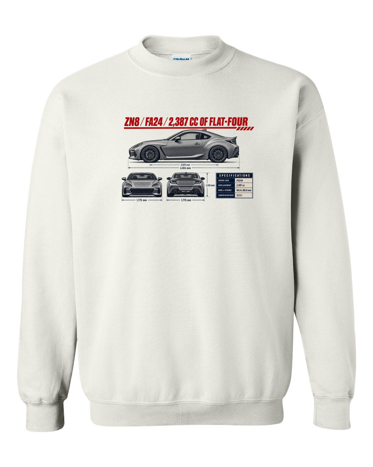 Three-view drawing with spec table of a Toyota GR86 ZN8, poster-style print white crewneck front view with the design
