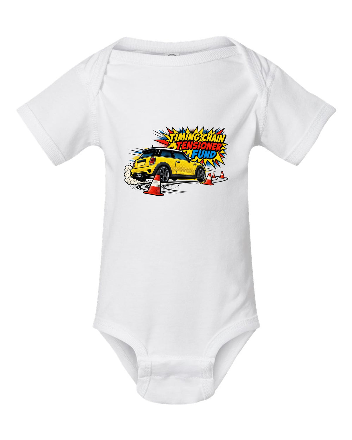 Comic halftone print of a Mini Cooper S R56 in a cone slalom with timing chain tensioner fund text white baby onesie front view with the design