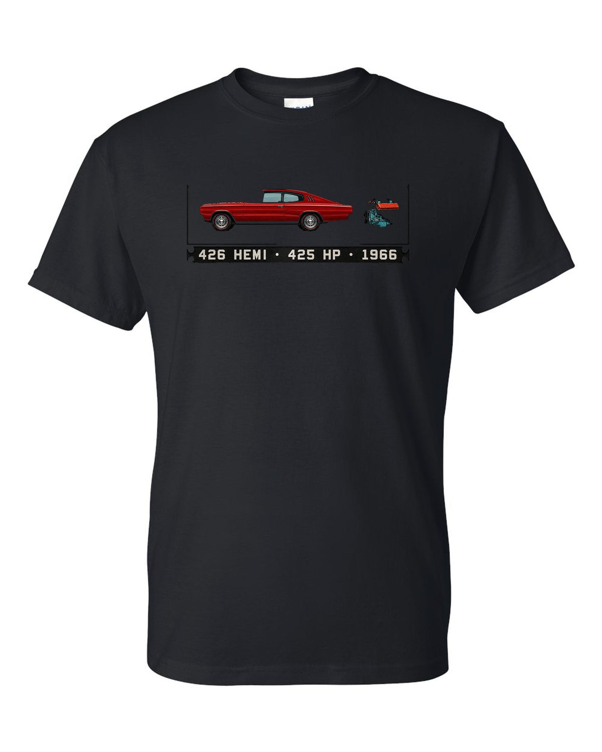 Spec-sheet data plate print of a 1966 Dodge Charger fastback with 426 Hemi text black t-shirt front view with the design