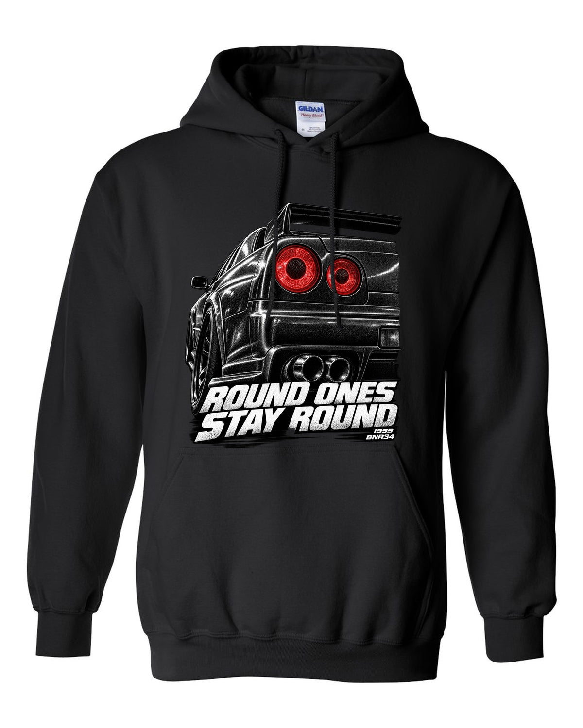 Macro print of the round taillights on a Nissan Skyline GT-R R34 BNR34 black pull over hoodie front view with the design