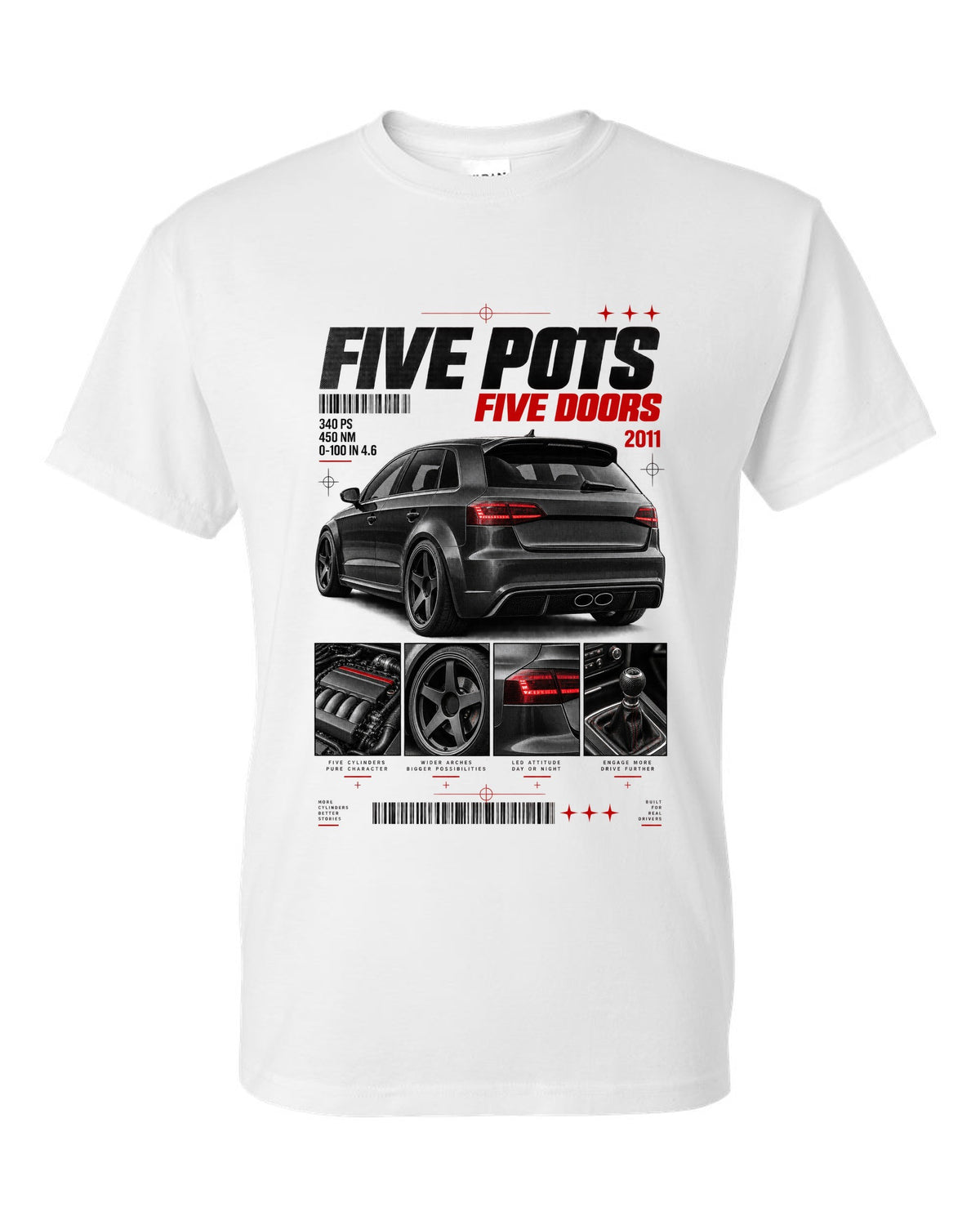 Audi RS3 Sportback 8P rear three-quarter in dossier panels with five pots text white t-shirt front view with the design