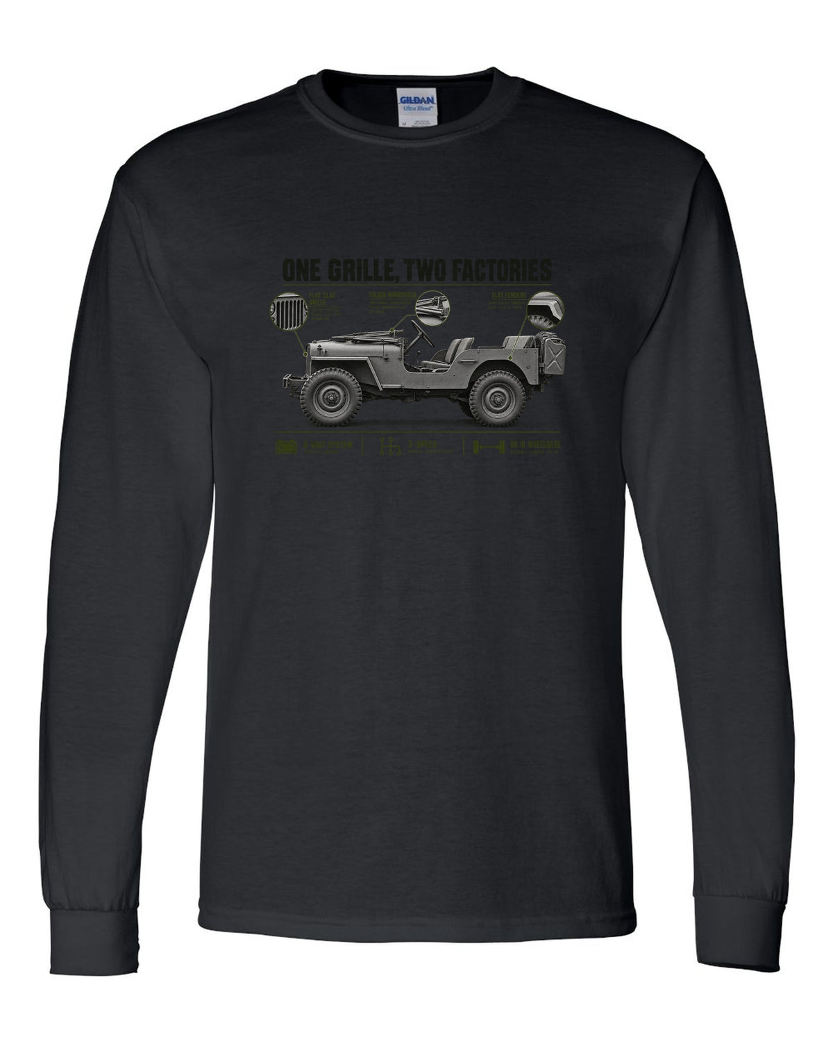 Spec poster print for the Willys MB and Ford GPW, 1941-1945 black long sleeve front view with the design