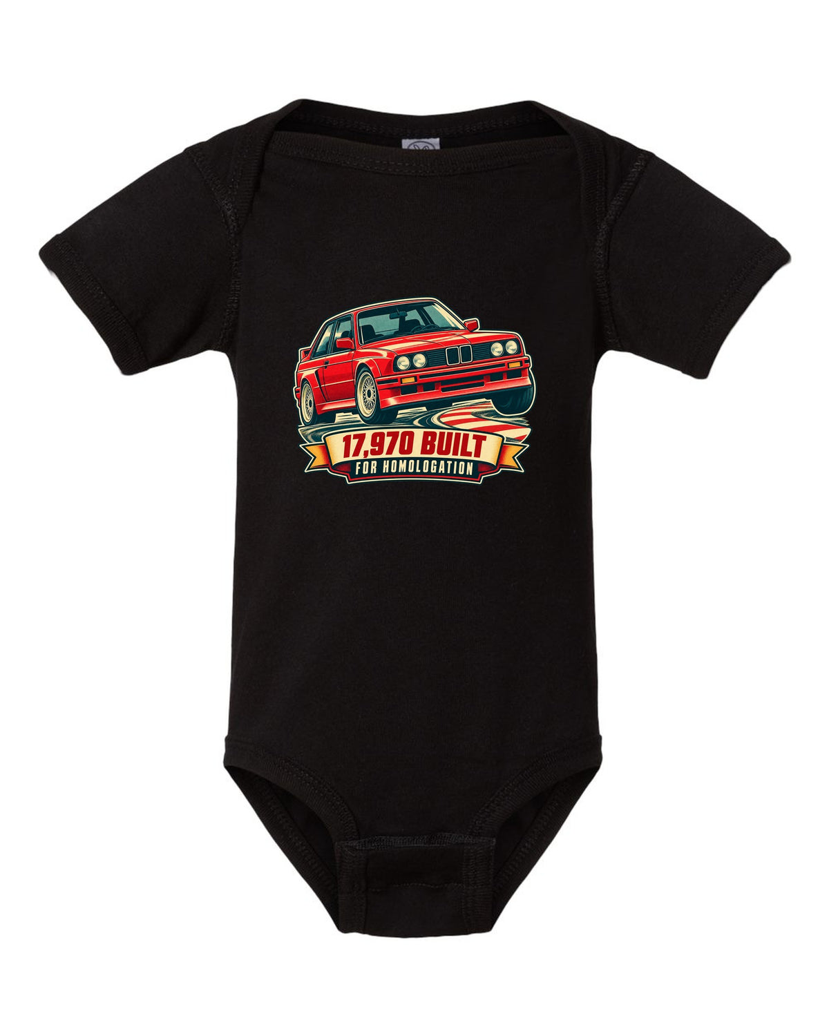 Vintage race poster print of a BMW E30 M3 at a hairpin with 17,970 built text black baby onesie front view with the design