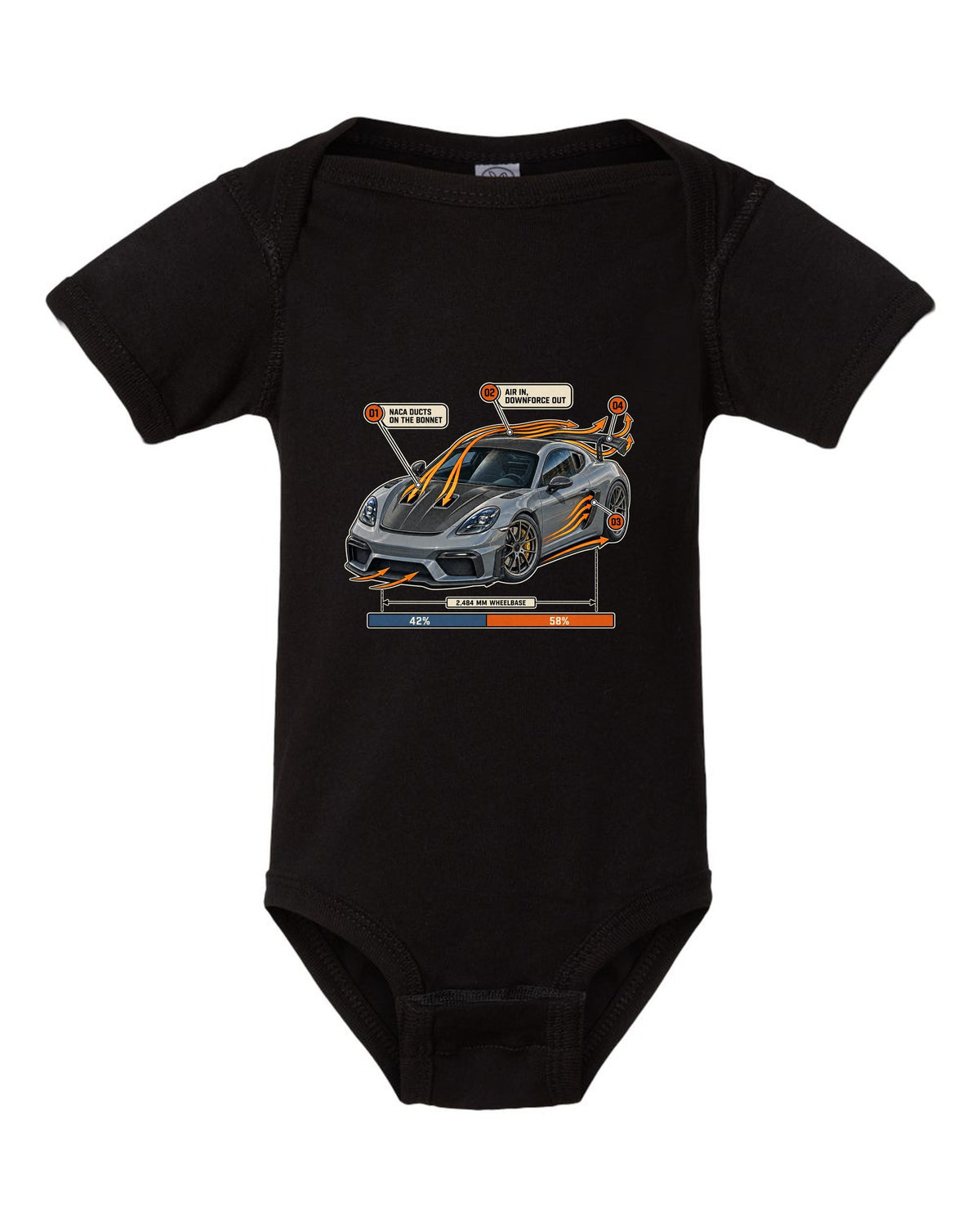 Airflow callout print of a Porsche 718 Cayman GT4 RS Weissach package black baby onesie front view with the design