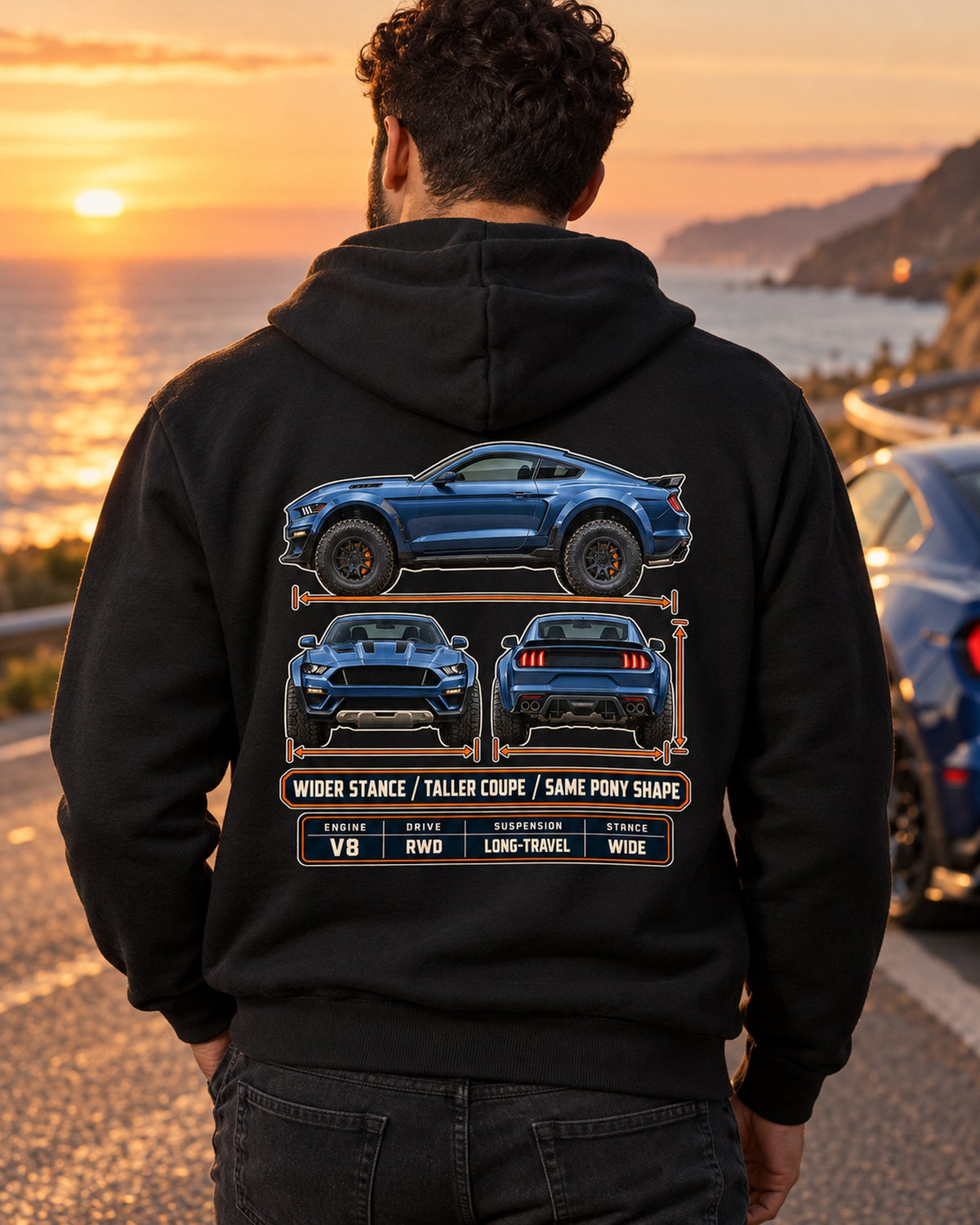 Mustang Raptor Concept Three-View Spec Table Tee, Pony Shape Zip Hoodie Black worn hero