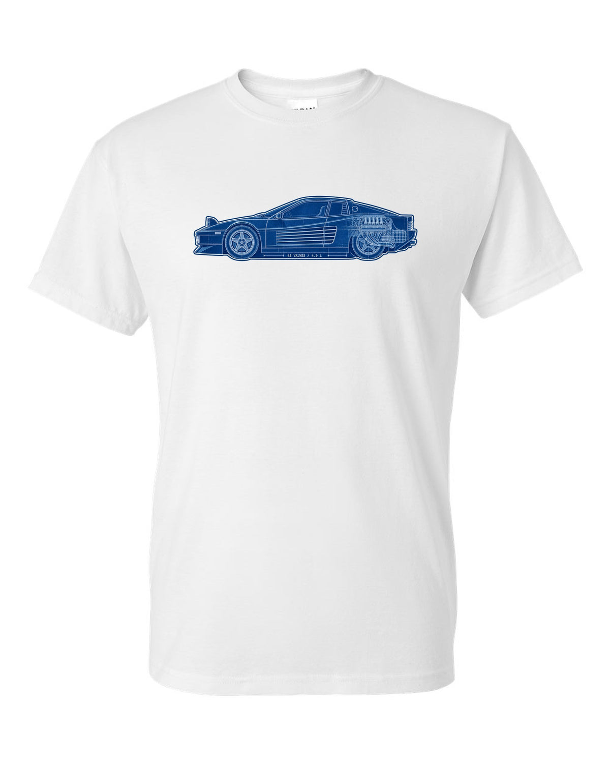 Cyanotype blueprint style print of the Ferrari Testarossa F110 with the text 48 valves, 4.9 L white t-shirt front view with the design