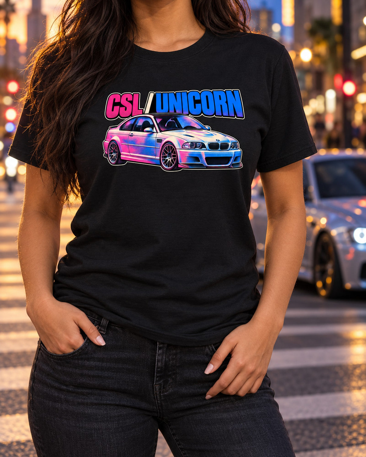 BMW E46 M3 CSL Risograph Shirt, Unicorn Car Gift T-Shirt Black worn hero