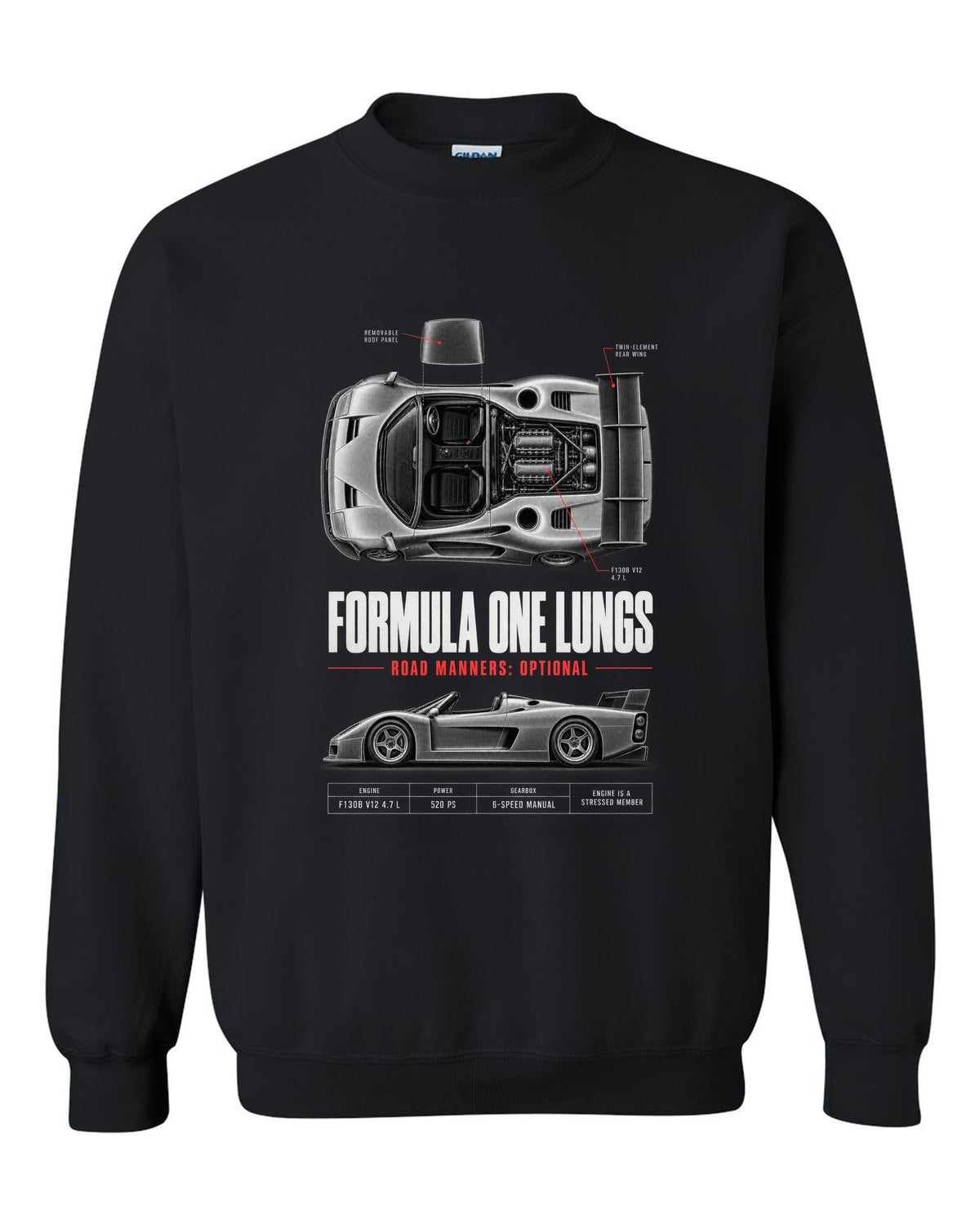 Ferrari F50 1995 top-down and profile spec poster print, F130B V12 4.7 L black crewneck front view with the design