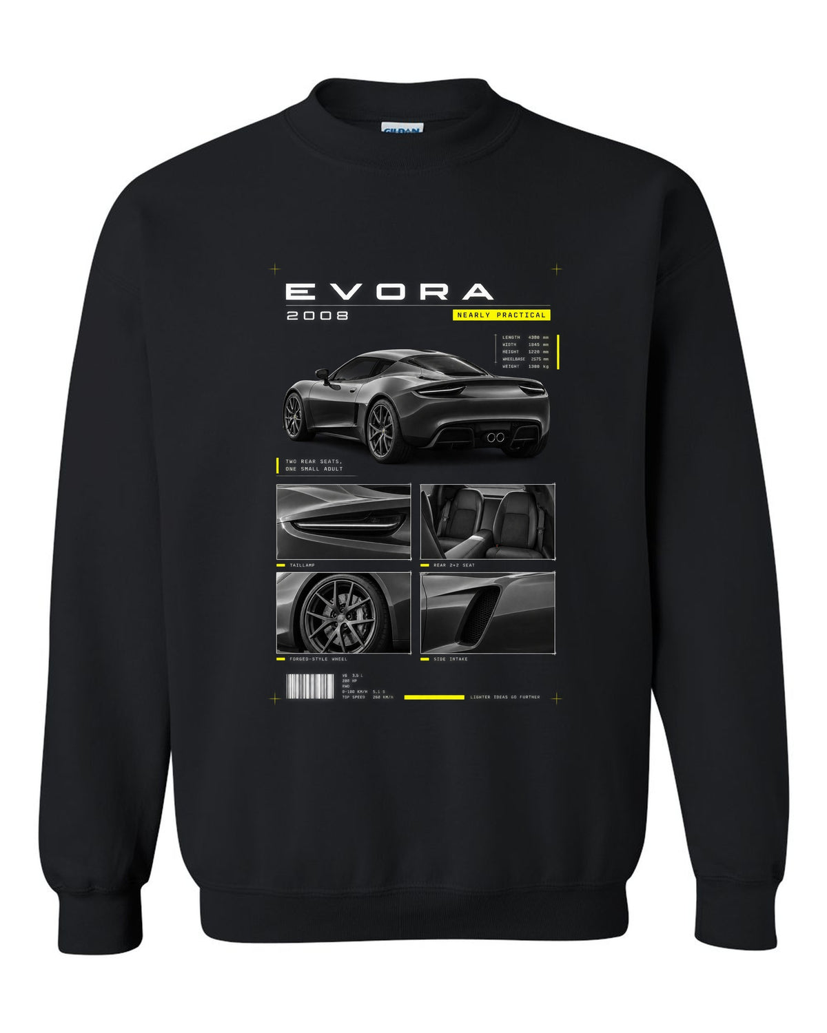 Lotus Evora 2008 dossier panels print black crewneck front view with the design
