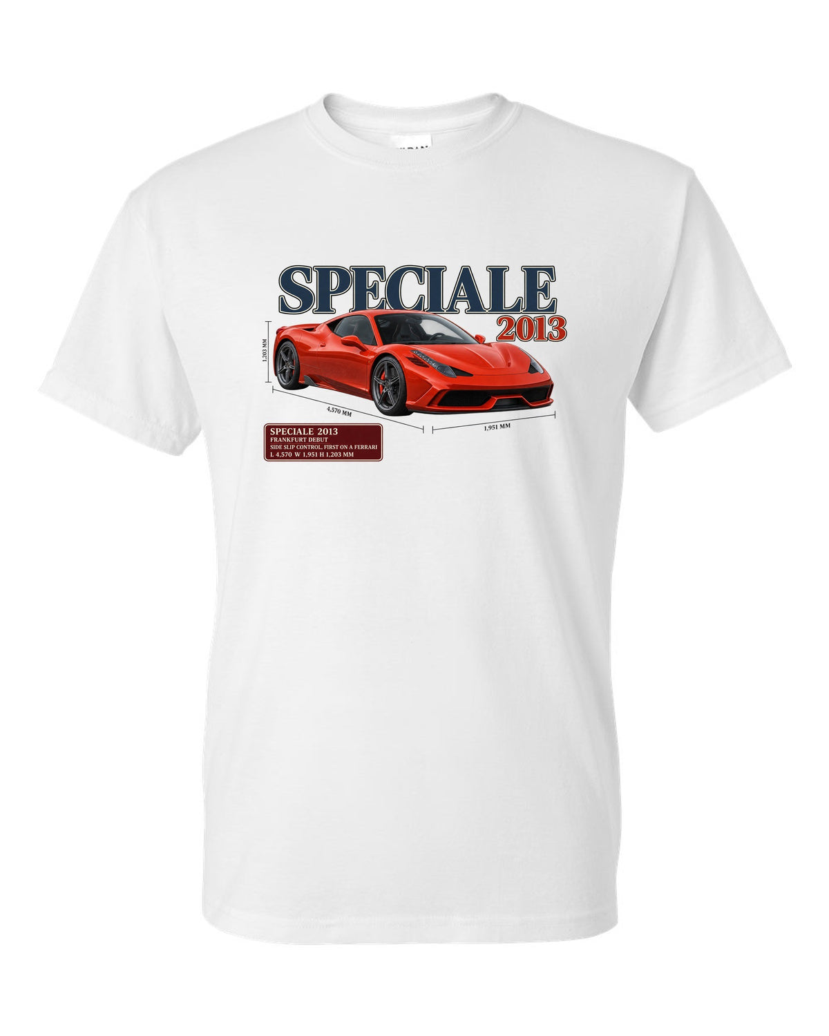Archive panel print of the Ferrari 458 Speciale in red-orange white t-shirt front view with the design