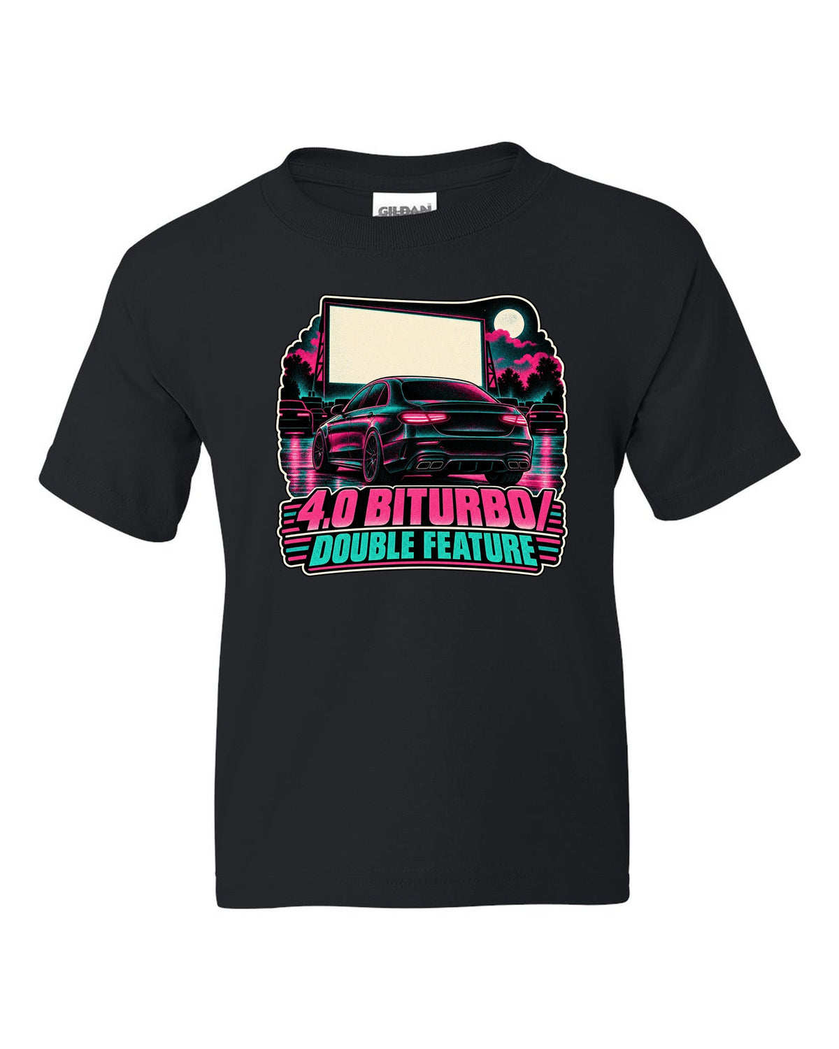 Risograph halftone drive-in poster graphic for a Mercedes E63 W213 4.0 biturbo, print black kids tee front view with the design