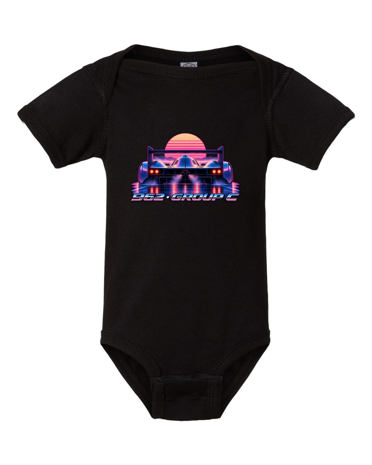 Synthwave gradient print of a Porsche 962 Group C long tail in dawn mist black baby onesie front view with the design
