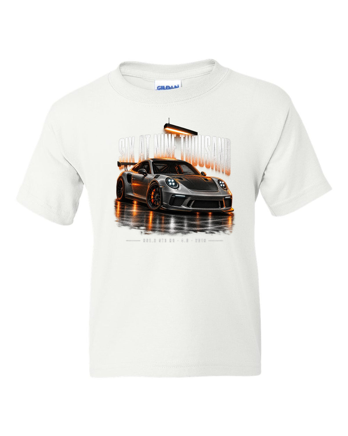 Garage night poster print of a 2018 Porsche 911 GT3 RS 991.2 white kids tee front view with the design