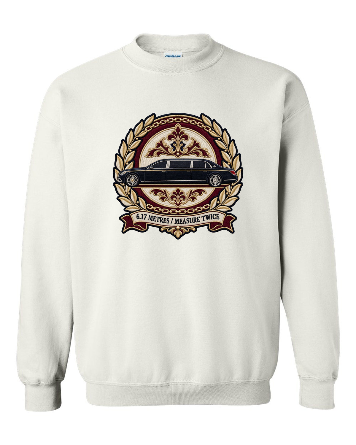 Embroidery style round crest of a Maybach 62 W240 opera window with 6.17 Metres Measure Twice text white crewneck front view with the design