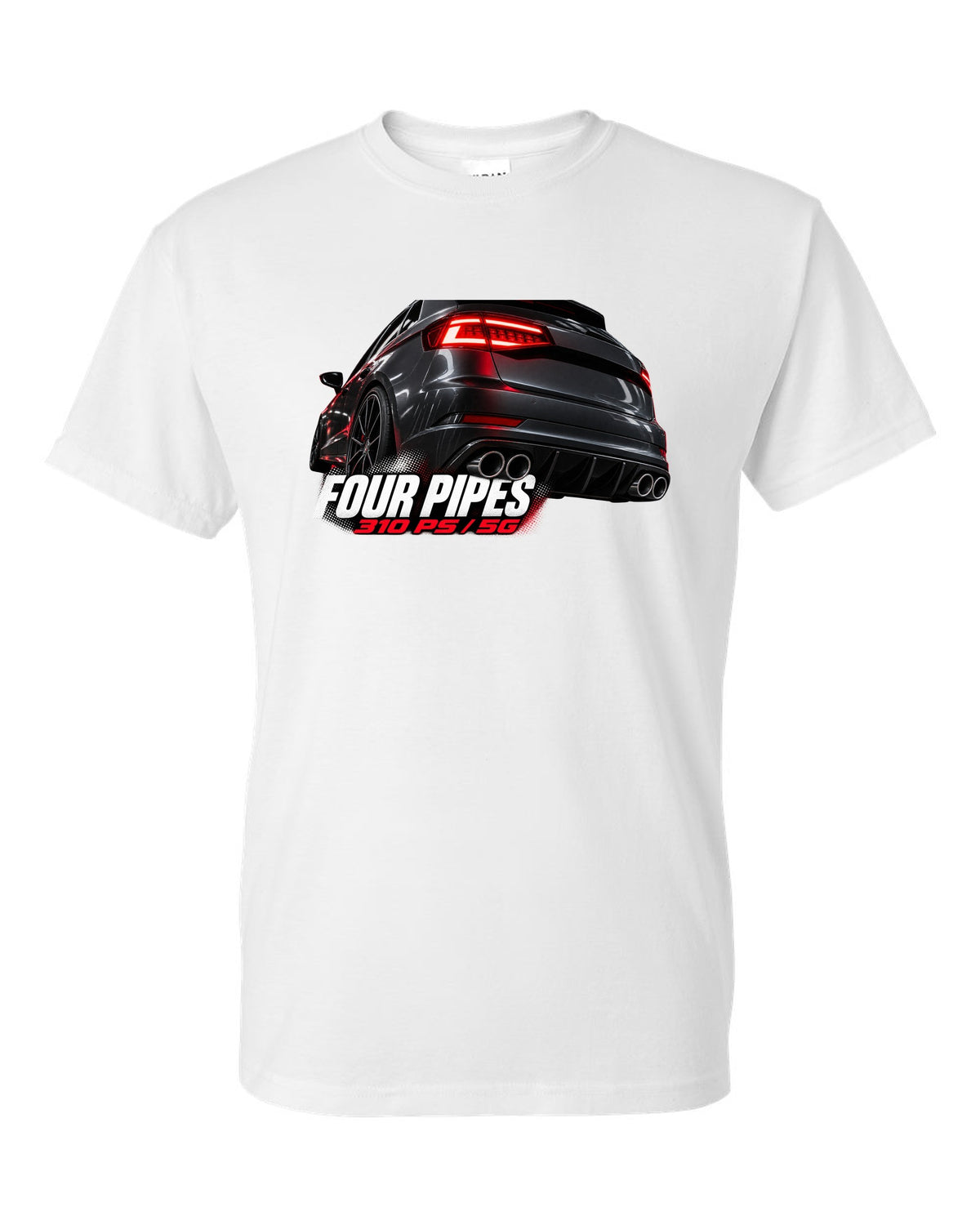 print macro of a VW Golf R Mk7.5 rear taillight and four exhaust pipes with 310 PS text white t-shirt front view with the design