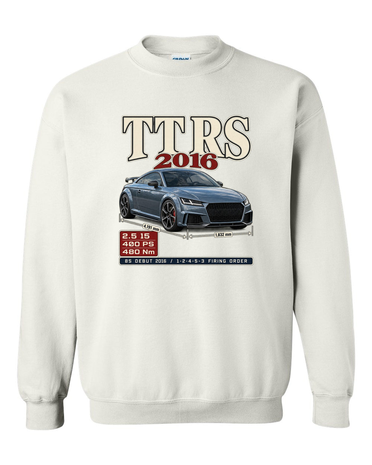 Audi TT RS 8S 2016 archive panel print with firing order white crewneck front view with the design