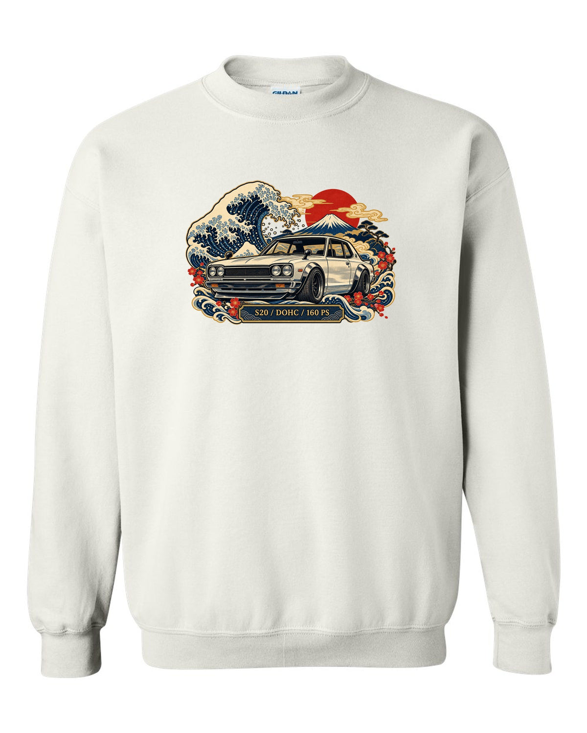 Ukiyo-e woodblock wave print of the Skyline 2000GT-R Hakosuka KPGC10 with S20 DOHC 160 PS lettering white crewneck front view with the design