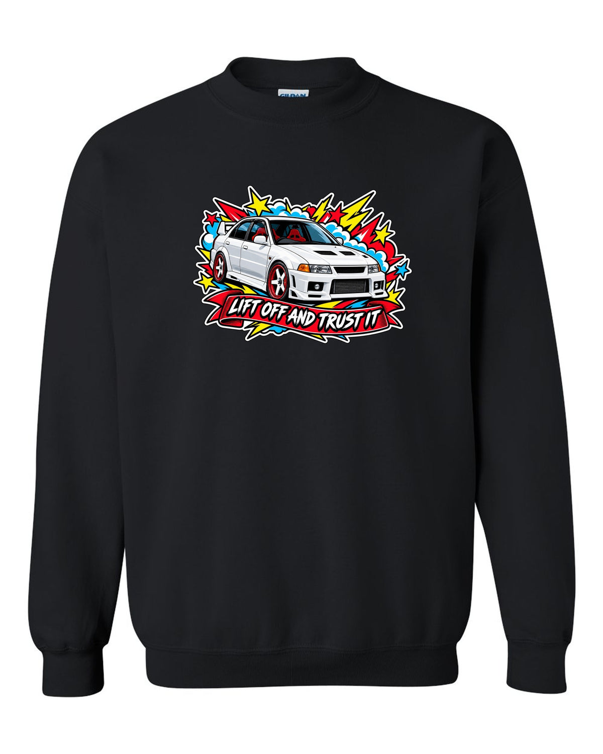 Sticker-bomb collage print for the Mitsubishi Evo VI CP9A with the text lift off and trust it black crewneck front view with the design
