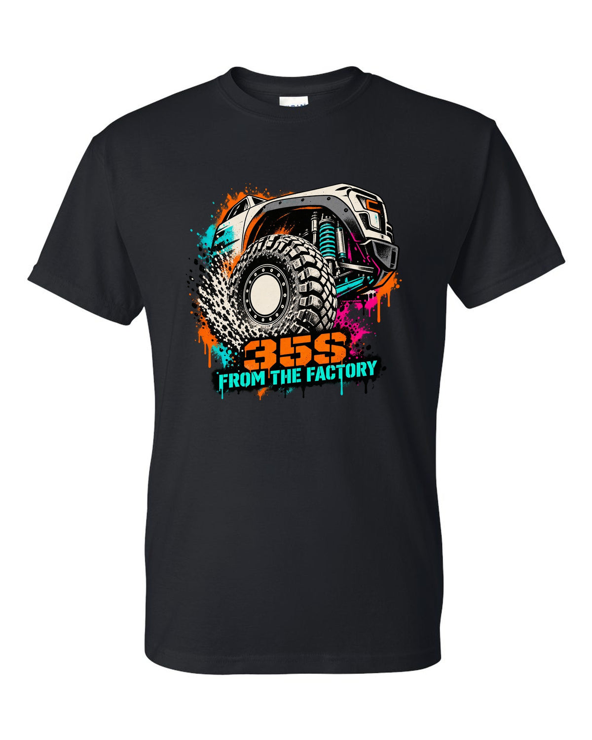 Stencil spray street art print of a Ram 1500 TRX wheel with 35S lettering black t-shirt front view with the design