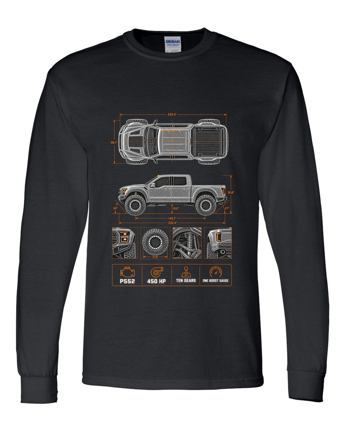 Ford F-150 Raptor Gen 2 P552 spec poster print with 450 HP and ten gears black long sleeve front view with the design