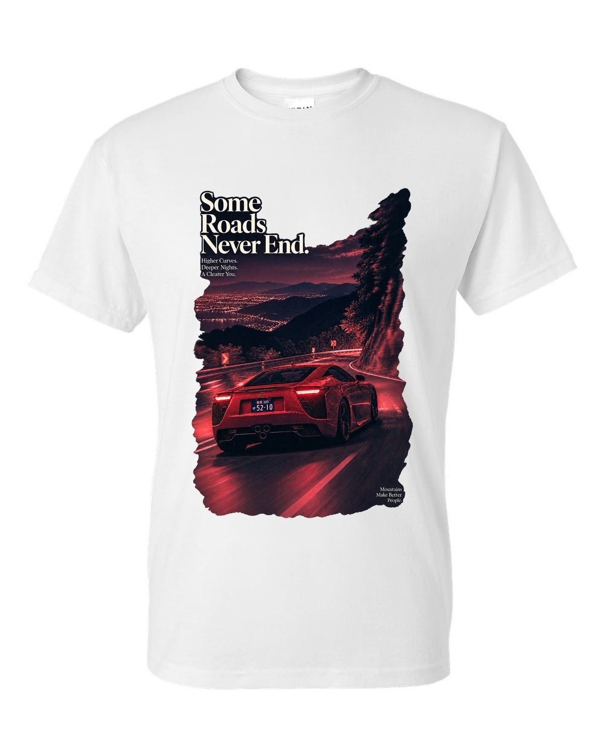 Night touge scene with the Lexus LFA in magenta-red monochrome white t-shirt front view with the design