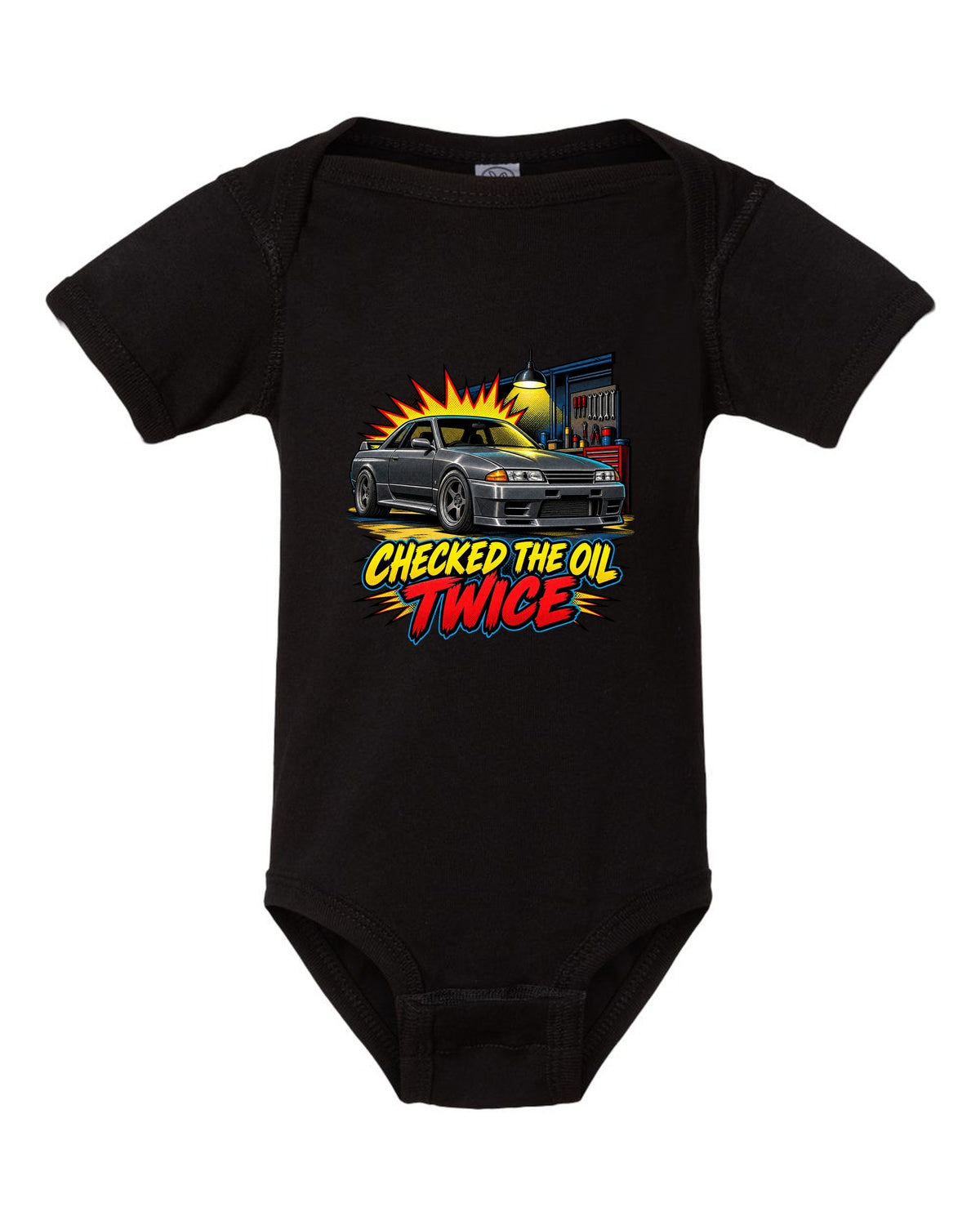 Comic halftone pop-art print of a Nissan Skyline GT-R R32 BNR32 in a garage black baby onesie front view with the design