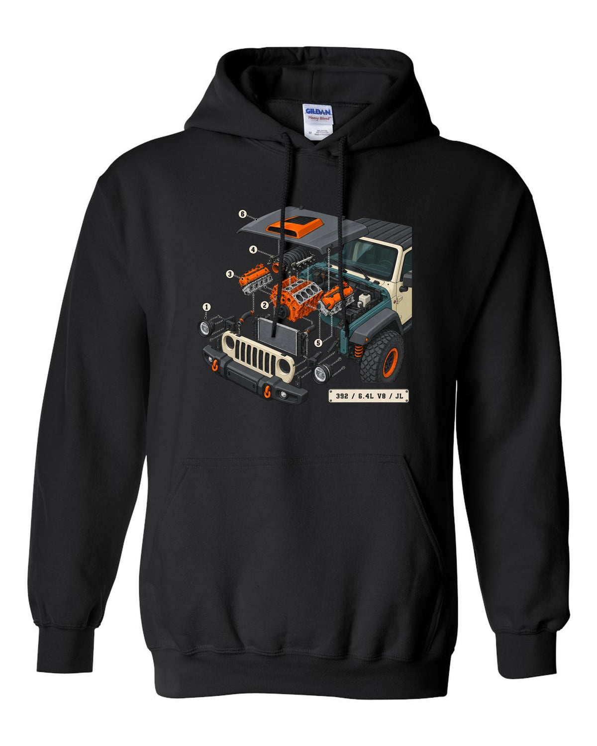 Jeep Wrangler JL Rubicon 392 6.4L V8 isometric exploded engine diagram with callouts black pull over hoodie front view with the design