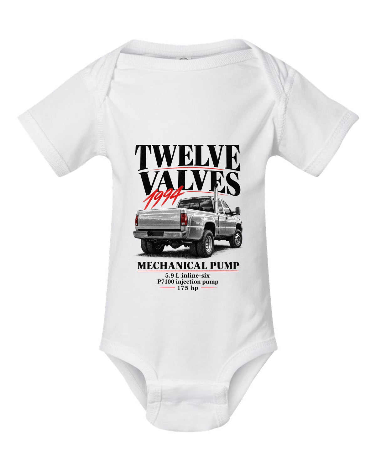 Editorial print of a 1994-98 Dodge Ram 2500 2nd gen 12-valve in a rear three-quarter view white baby onesie front view with the design