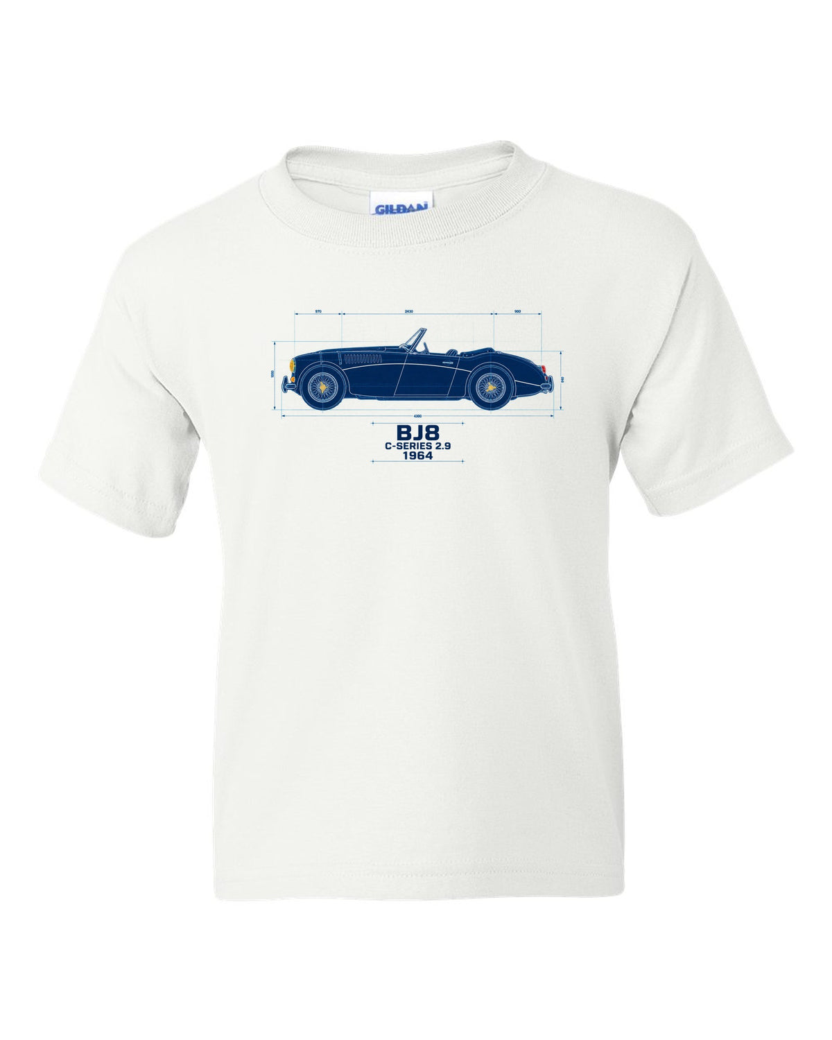 Blueprint line art of a 1964 Austin-Healey 3000 Mk III BJ8 with C-Series 2.9 lettering white kids tee front view with the design
