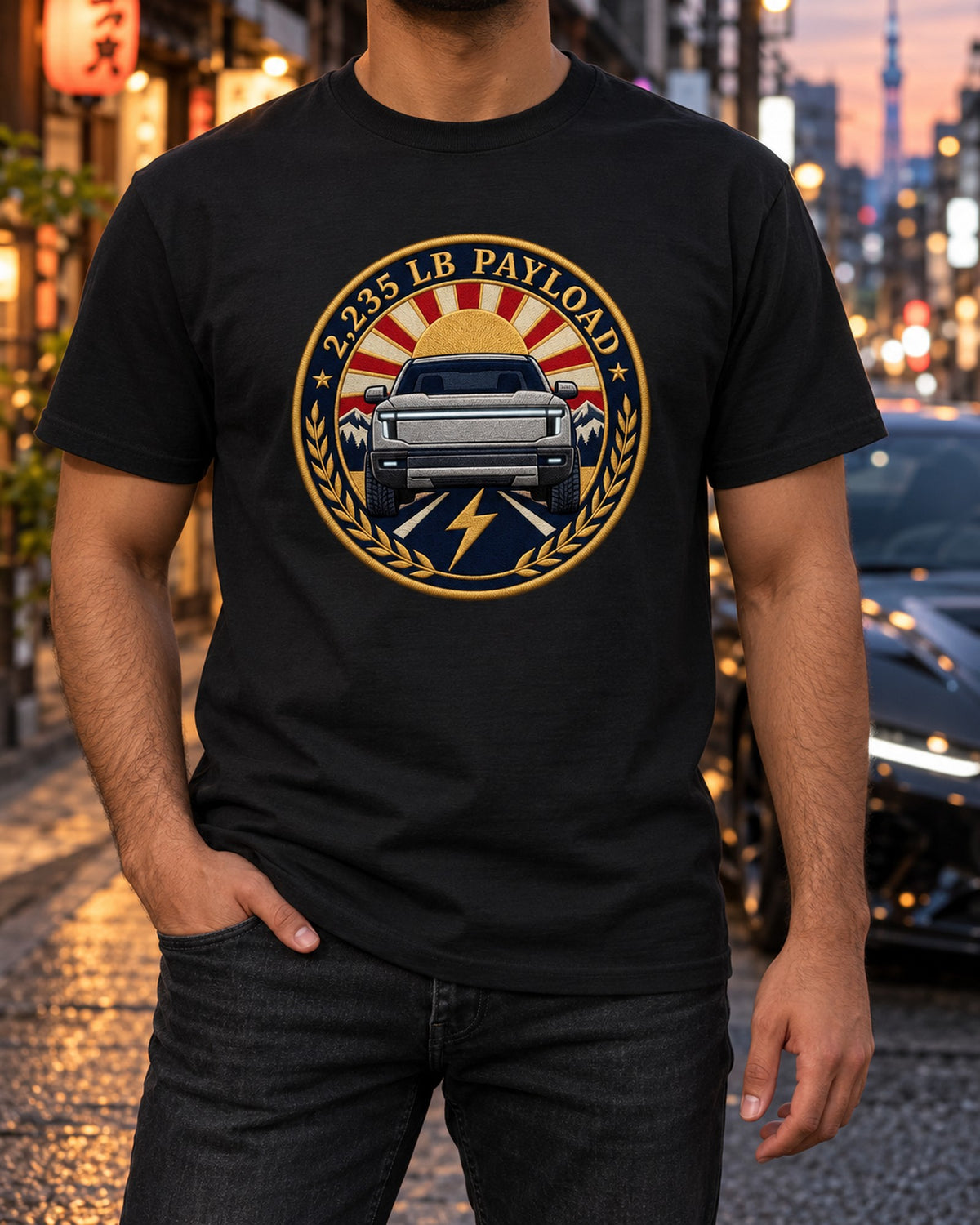Ford F-150 Lightning Payload Crest Tee, 2,235 lb Truck Shirt T-Shirt Black worn hero