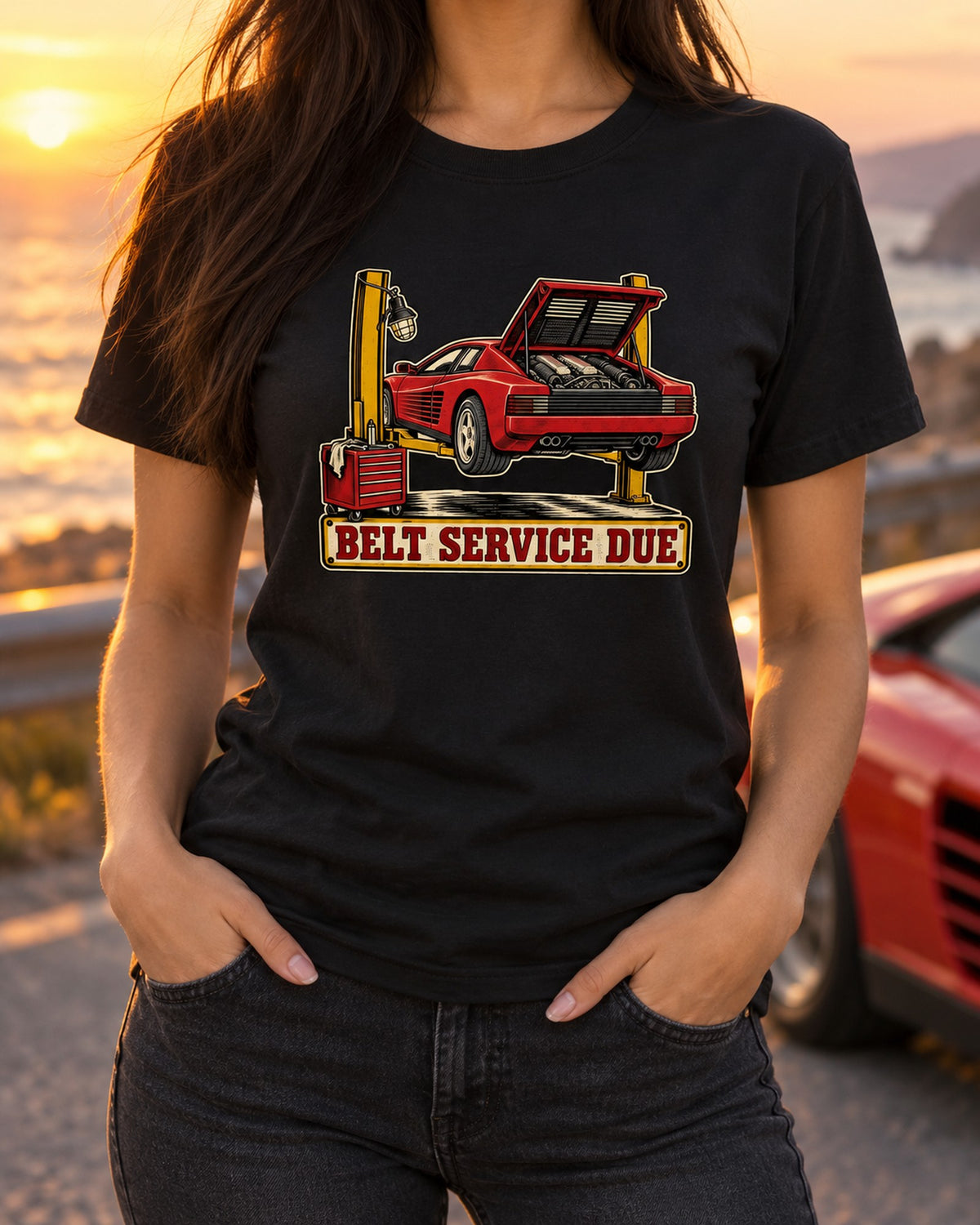 Belt Service Due Linocut Tee, Ferrari Testarossa F110 T-Shirt Black worn hero