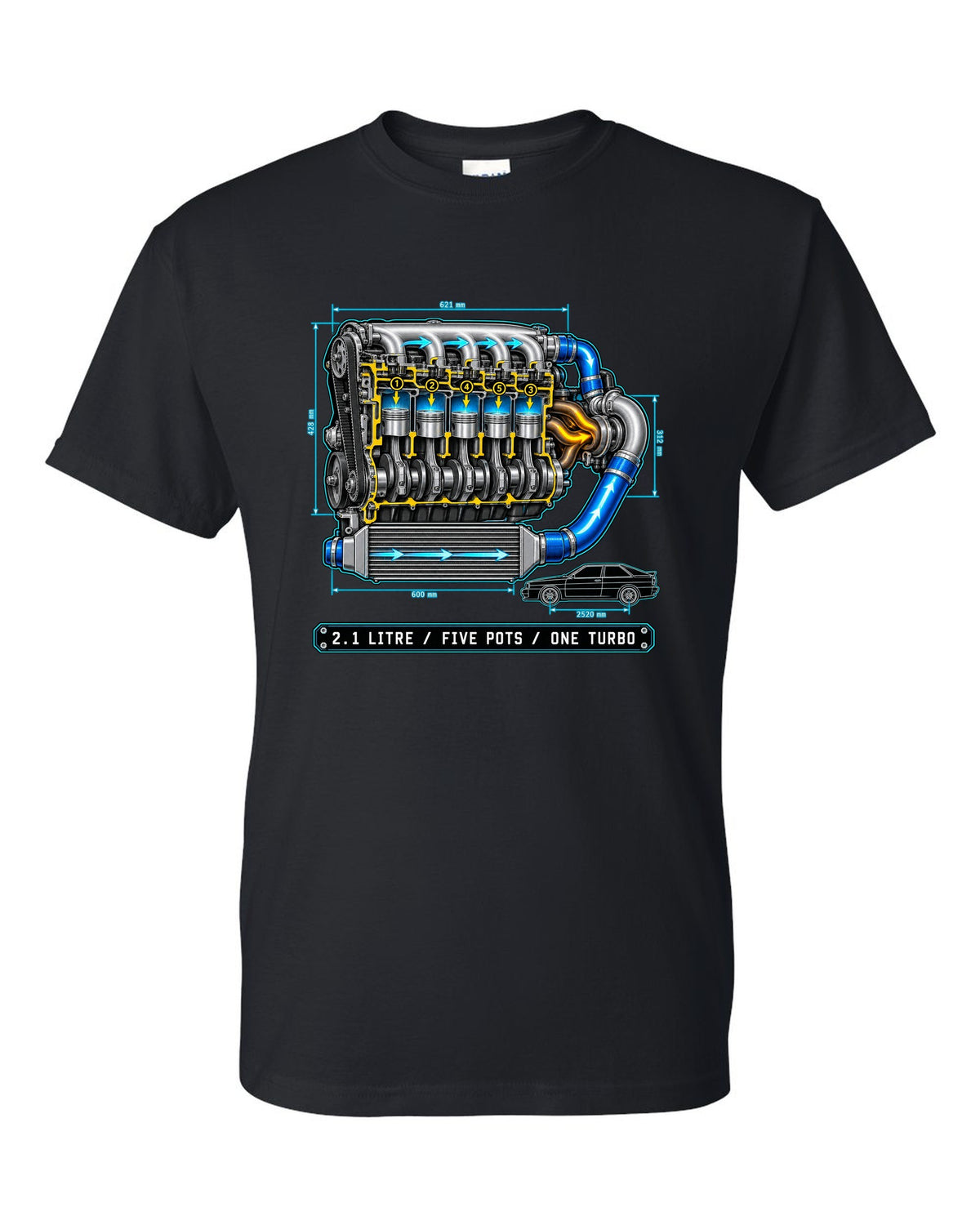 Technical blueprint print of an Audi Ur-Quattro Type 85 with five pots text black t-shirt front view with the design