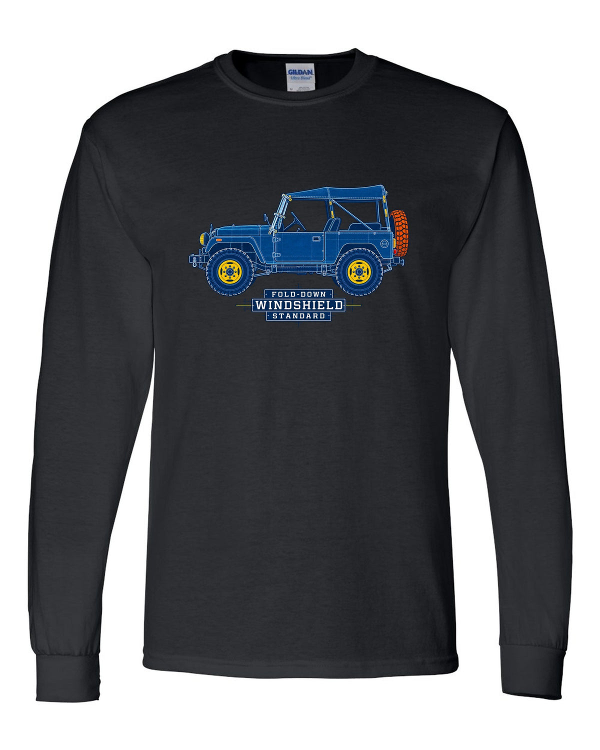 Cyanotype blueprint of a Toyota Land Cruiser FJ40 with fold-down windshield lettering black long sleeve front view with the design