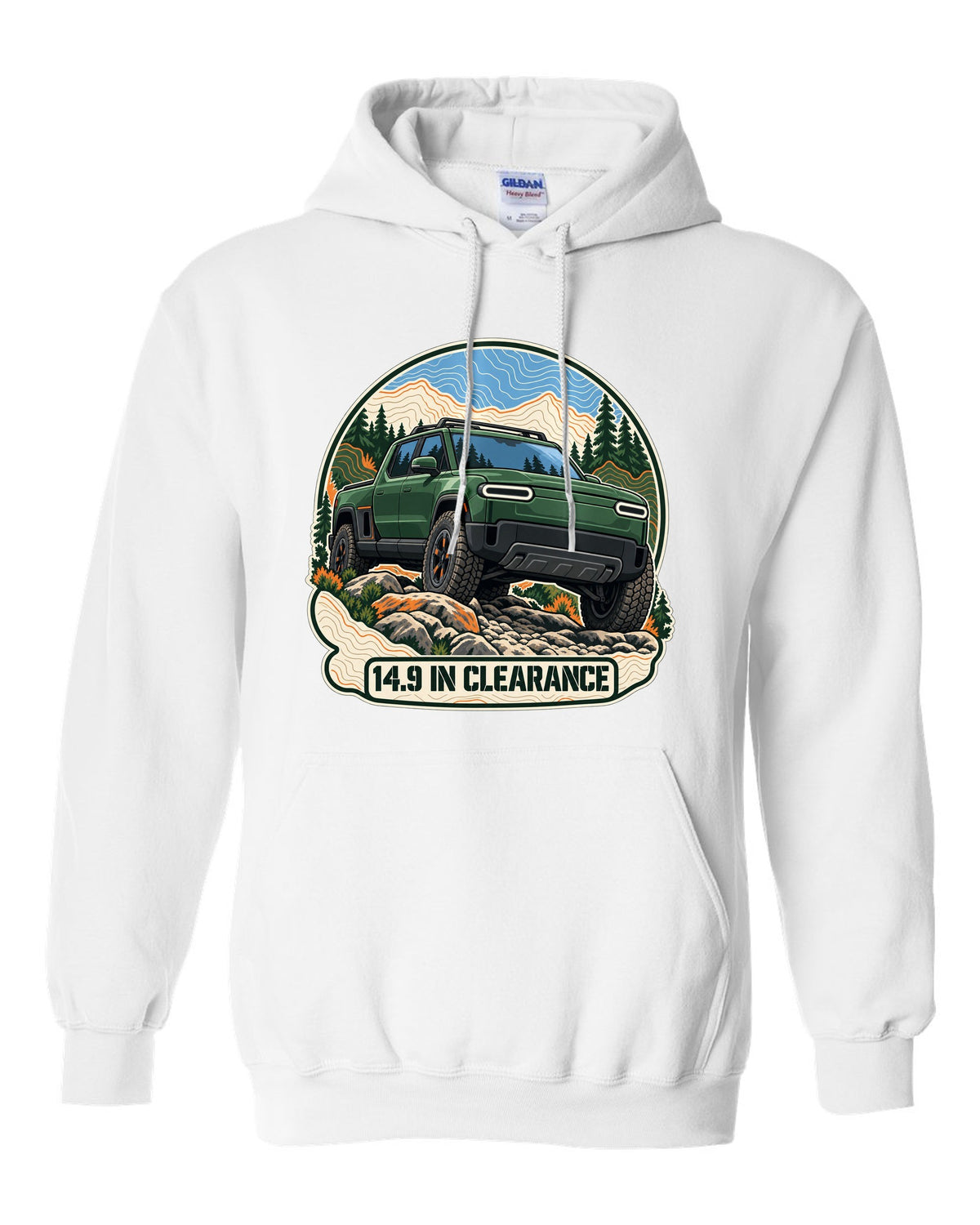 Topographic contour map illustration print of a Rivian R1T reading 14.9 In Clearance white pull over hoodie front view with the design