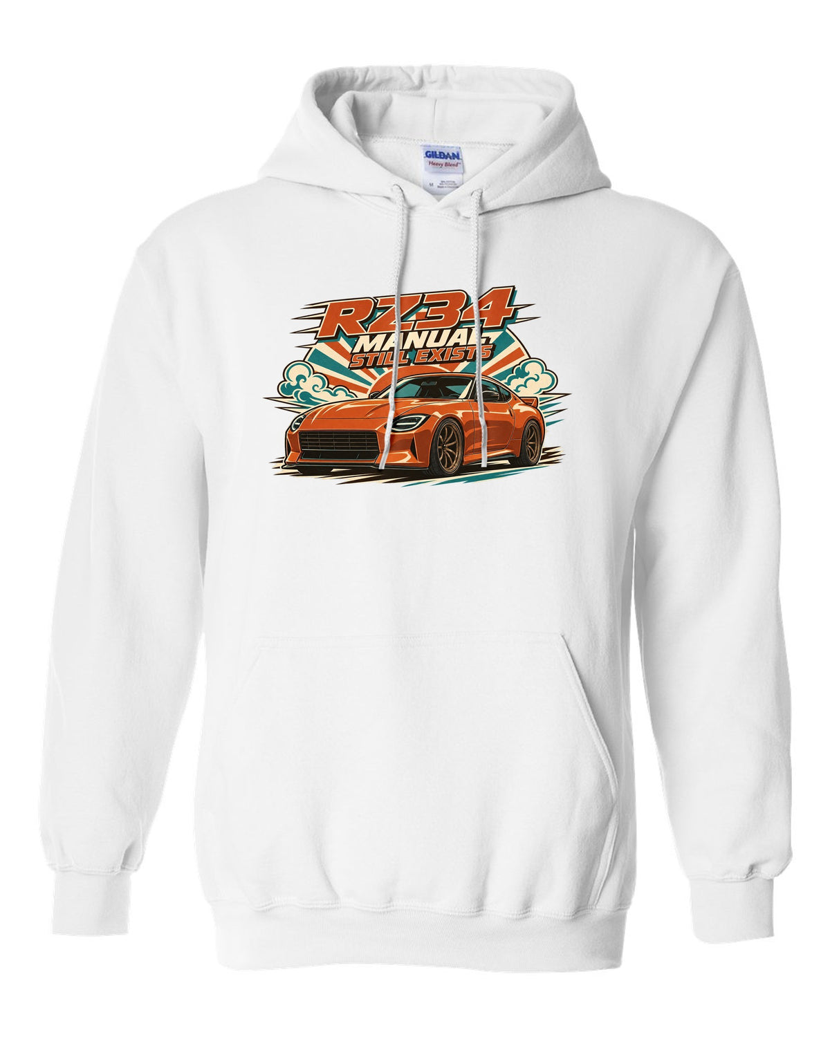 1970s Showa catalogue ad style print of the Nissan Z RZ34 white pull over hoodie front view with the design
