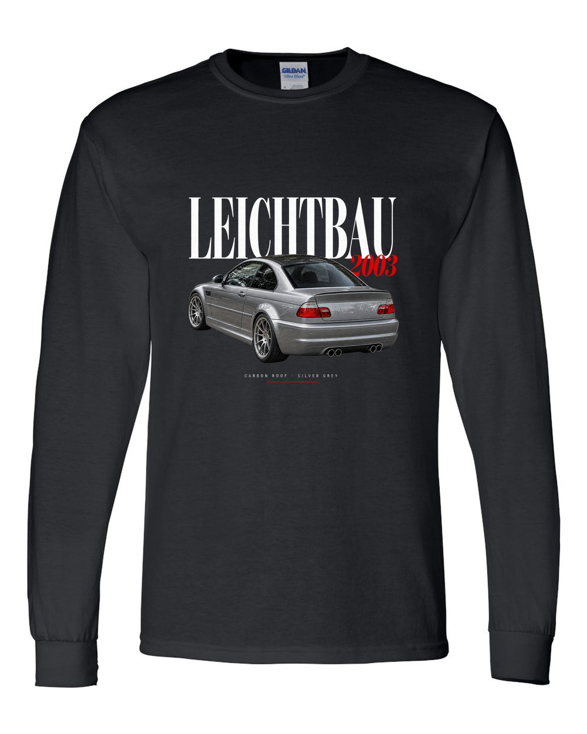BMW E46 M3 CSL 2003 editorial headline print with Leichtbau carbon roof Silver Grey text black long sleeve front view with the design