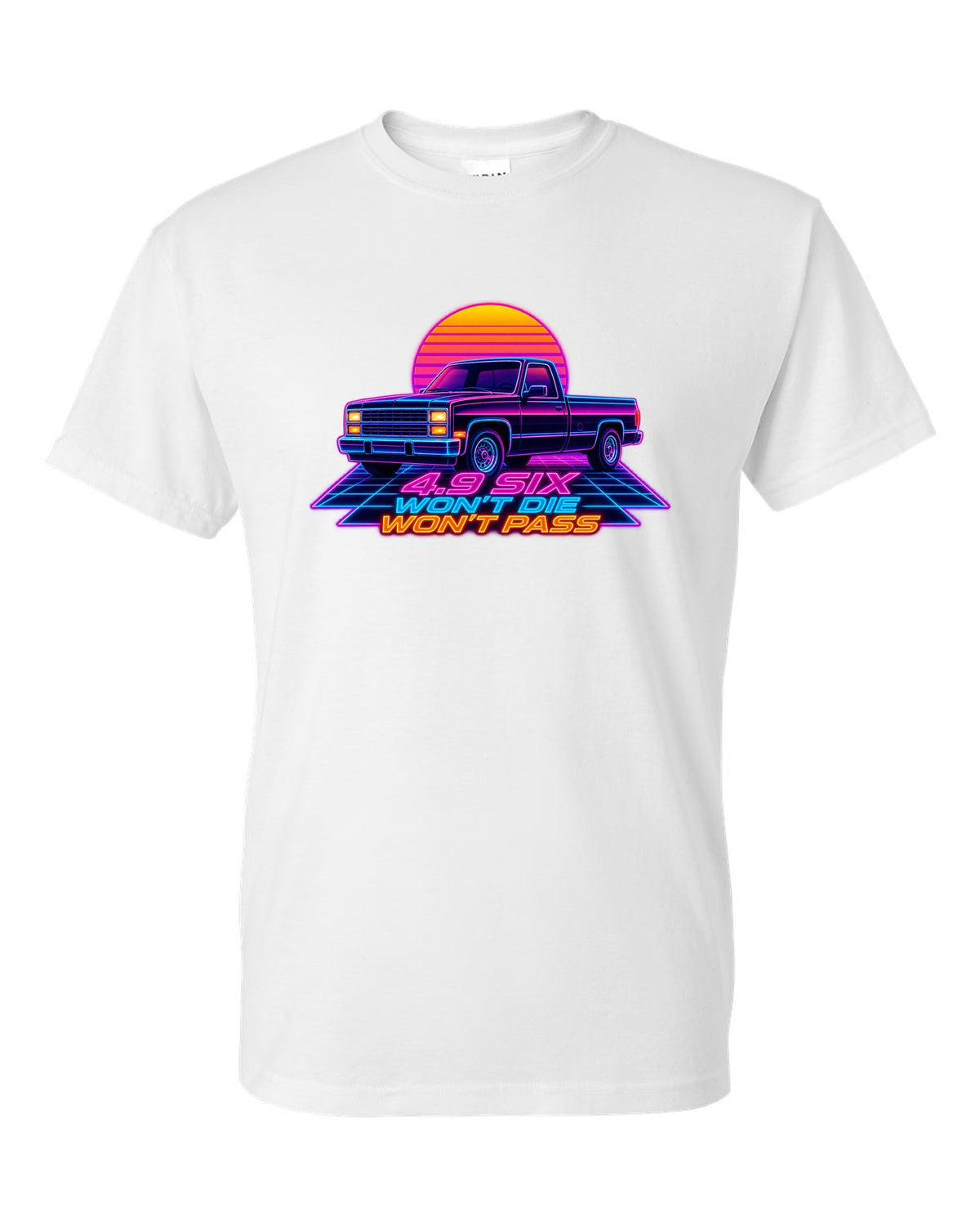 Synthwave neon art of a 1987-91 Ford F-150 Brick-Nose in drive-in rain with 4.9 SIX lettering white t-shirt front view with the design