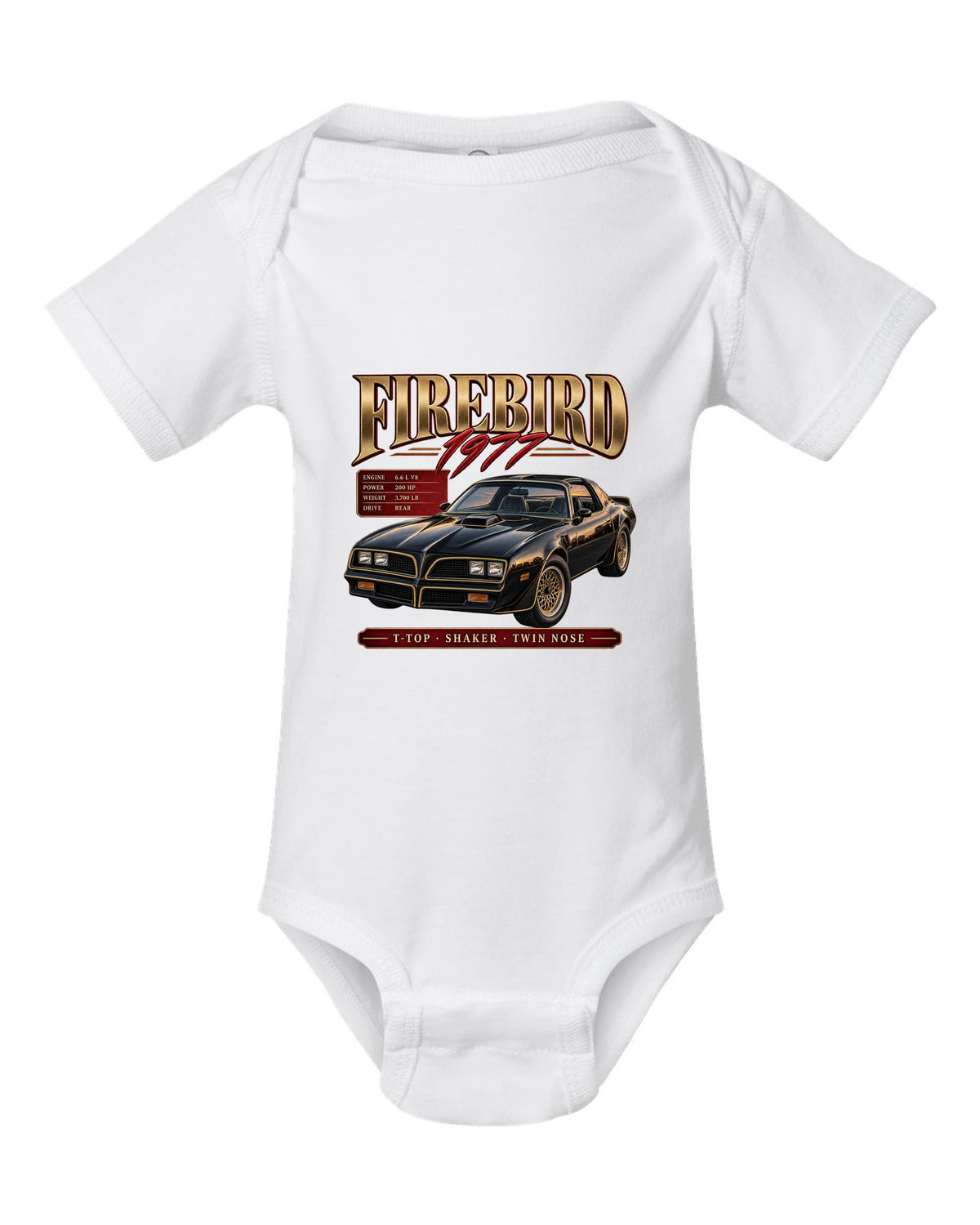 print archive panel of a 1977 Pontiac Firebird T-top with shaker and twin nose lettering white baby onesie front view with the design