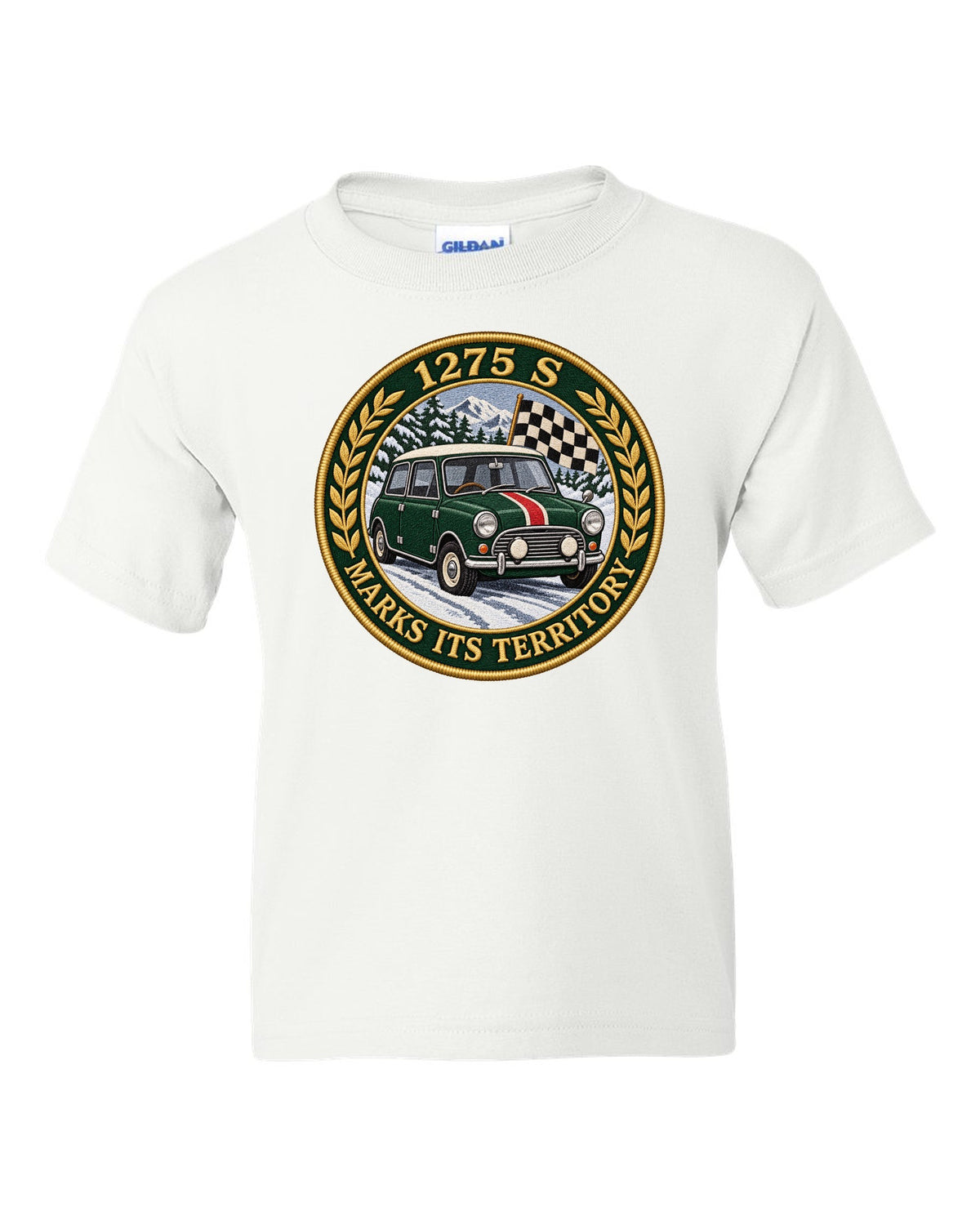 Embroidery style varsity crest for a Mini Cooper S Mk1 with 1275 S marks its territory white kids tee front view with the design